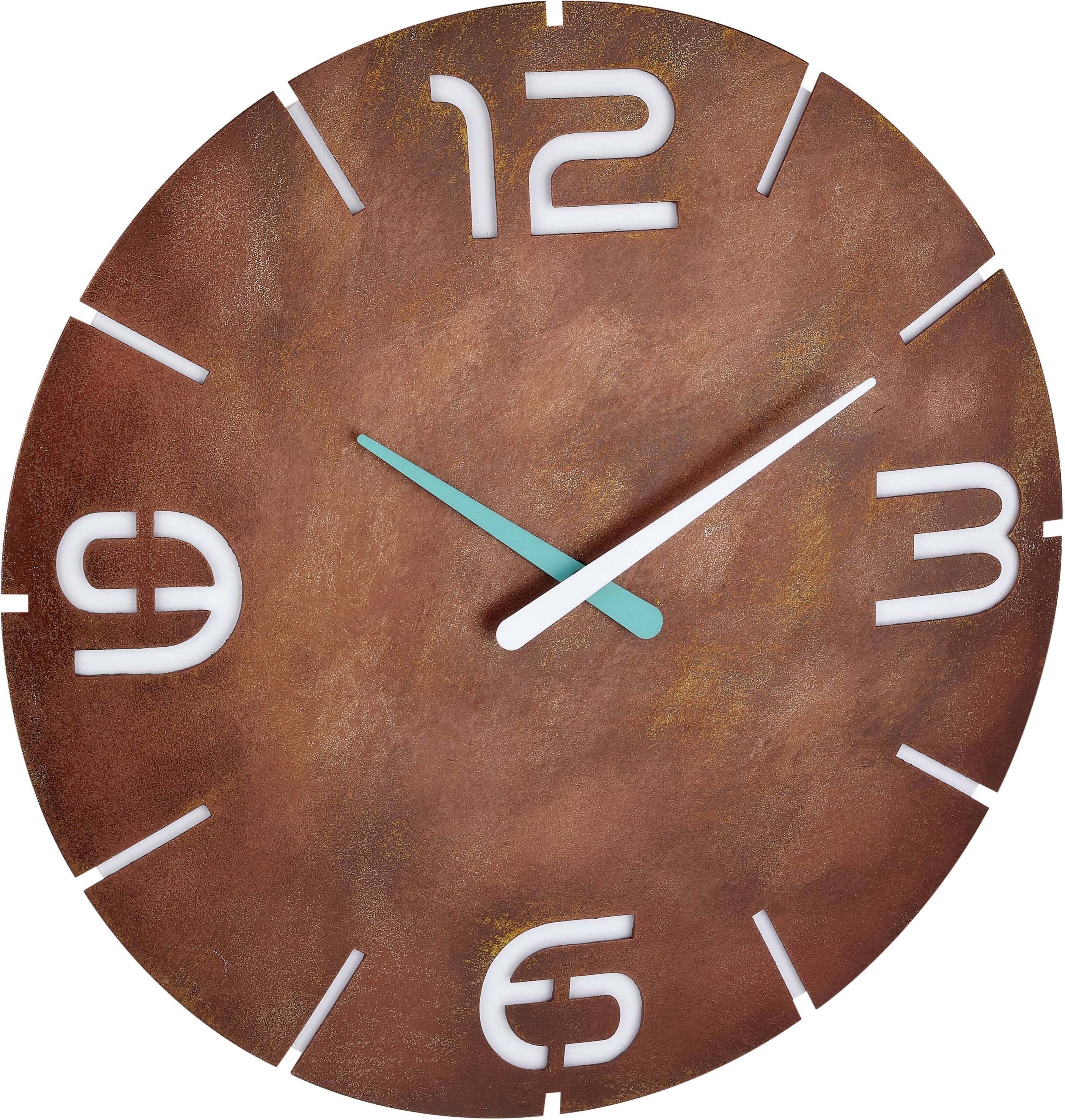 Wanduhr mit braunem, rustikalem Zifferblatt, großen weißen Zahlen (3, 6, 9, 12) und türkisfarbenem Sekundenzeiger.