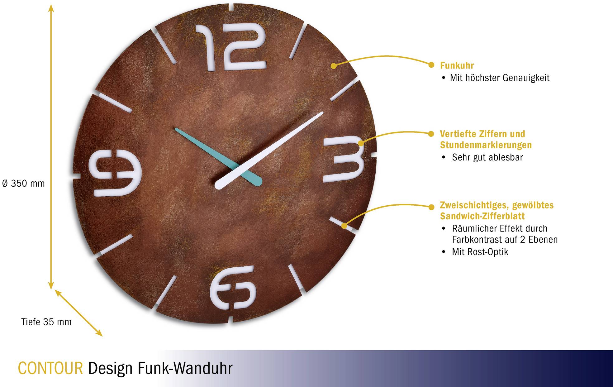 Eine braune Funk-Wanduhr zeigt Zeit auf arabischen Ziffern. Text hebt Funktionen wie höchste Genauigkeit und gute Lesbarkeit hervor.