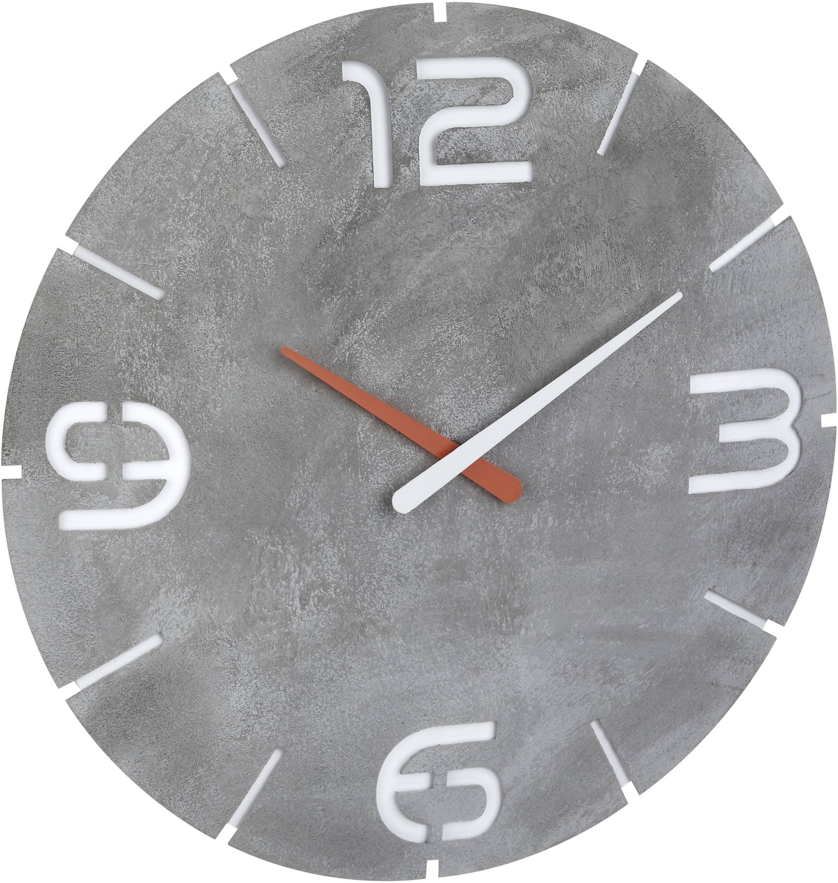 Graue Wanduhr mit weißen Ziffern und orangenem Minutenzeiger, zeigt 10 Uhr.