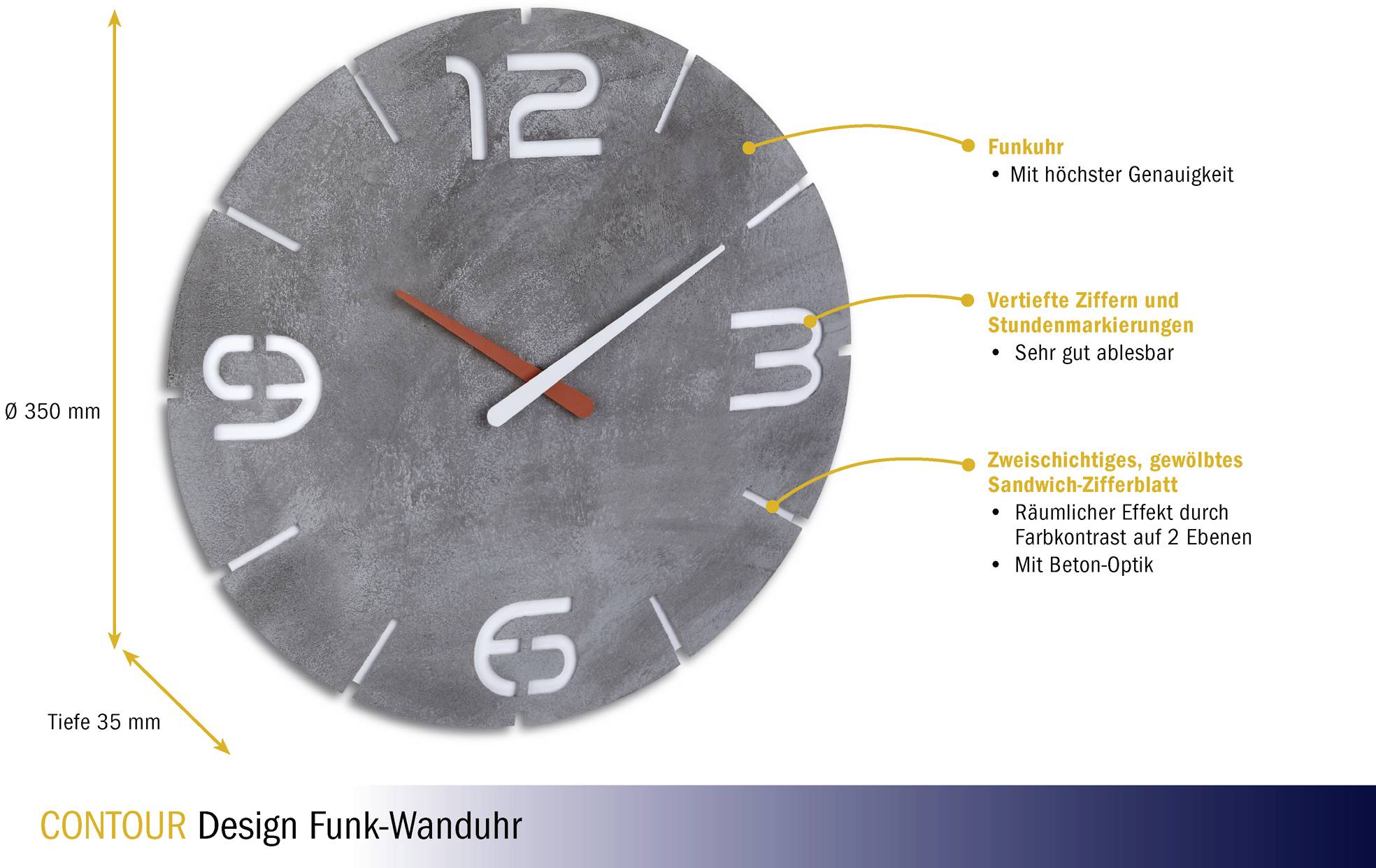 Eine runde Funk-Wanduhr mit Betonoptik. Sie zeigt vertiefte Ziffern und hat eine zweiseitige, gewölbte Sandwich-Zifferblattstruktur.