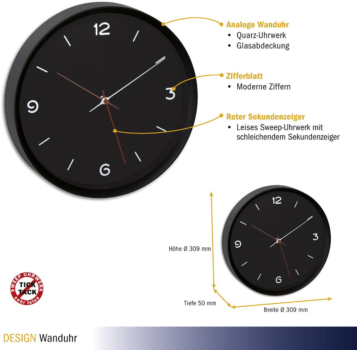 Analoge Wanduhr, schwarzes Gehäuse, moderne Ziffern, roter Sekundenzeiger. Maße: 309 mm Höhe und Breite, 50 mm Tiefe.