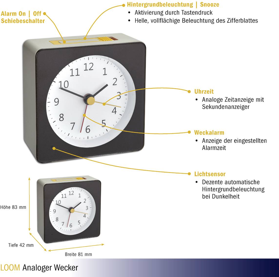 TFA Dostmann 60.1031.10 Quarz Wecker Grau, Gelb Alarmzeiten 1