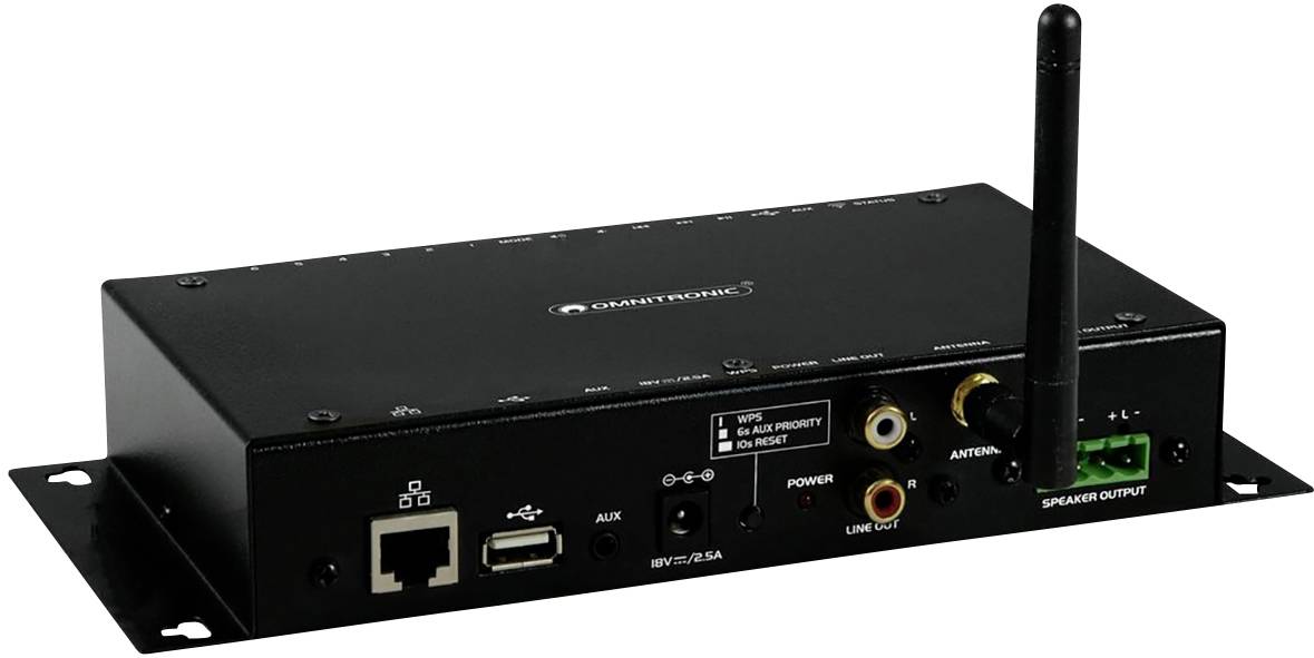Schwarzer Audioplayer mit Antenne, Ethernet-Anschluss, AUX, Line-Out, Lautsprecherausgängen und Power-Anzeige auf der Vorderseite.
