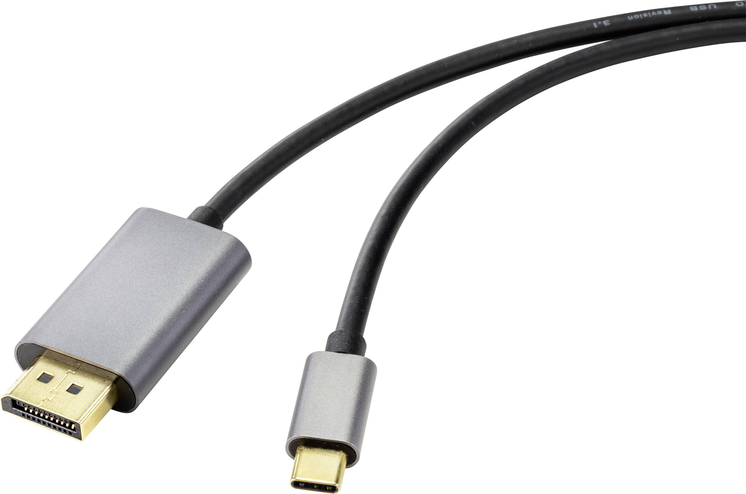 Ein schwarzes Kabel mit USB-C-Anschluss auf der einen Seite und DisplayPort-Anschluss auf der anderen Seite zur Übertragung von Video- und Audiosignalen.