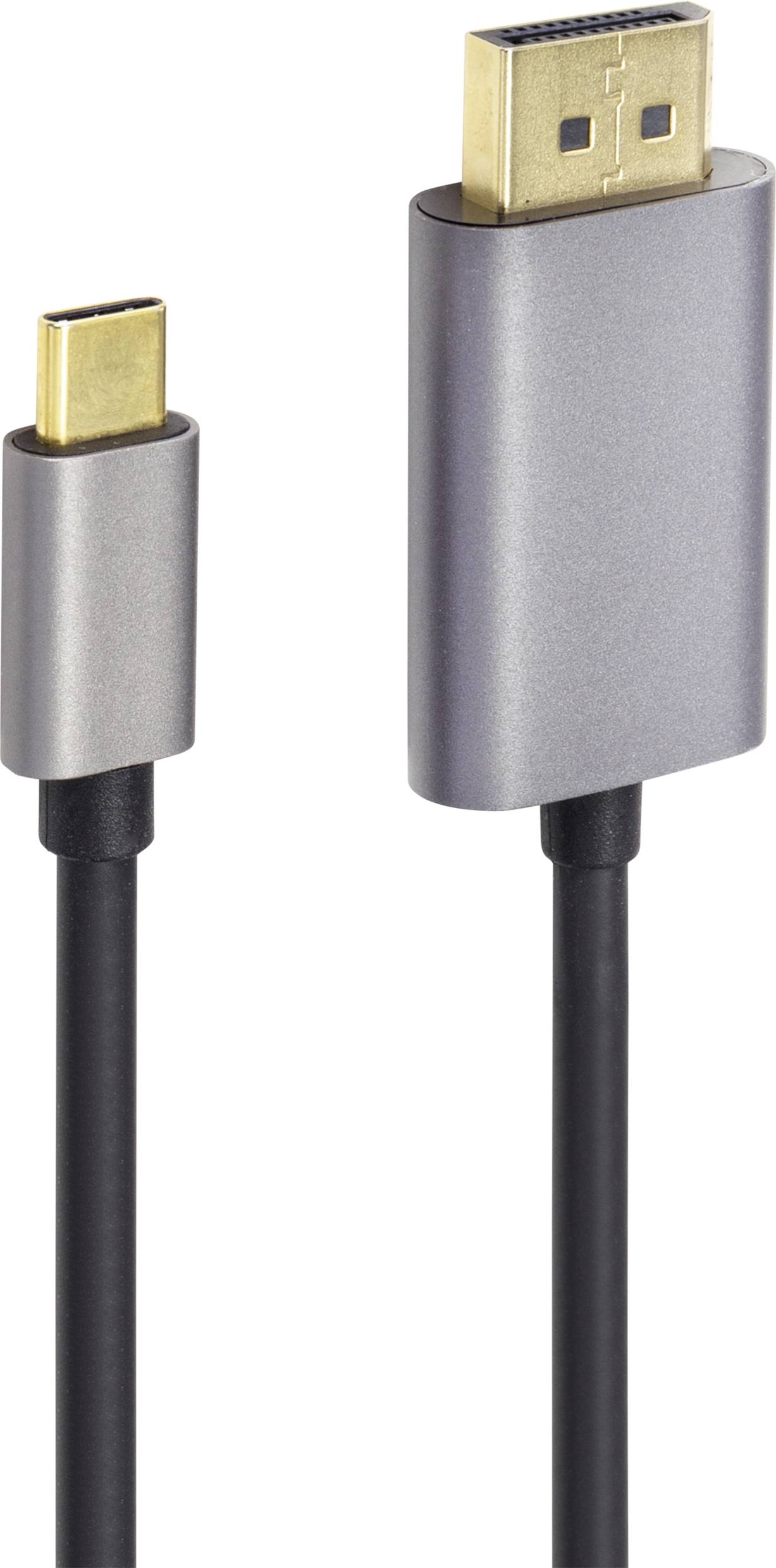 Zwei Kabelverbindungen: Links ein USB-C-Stecker, rechts ein DisplayPort-Stecker. Beide sind grau mit schwarzem Kabel.