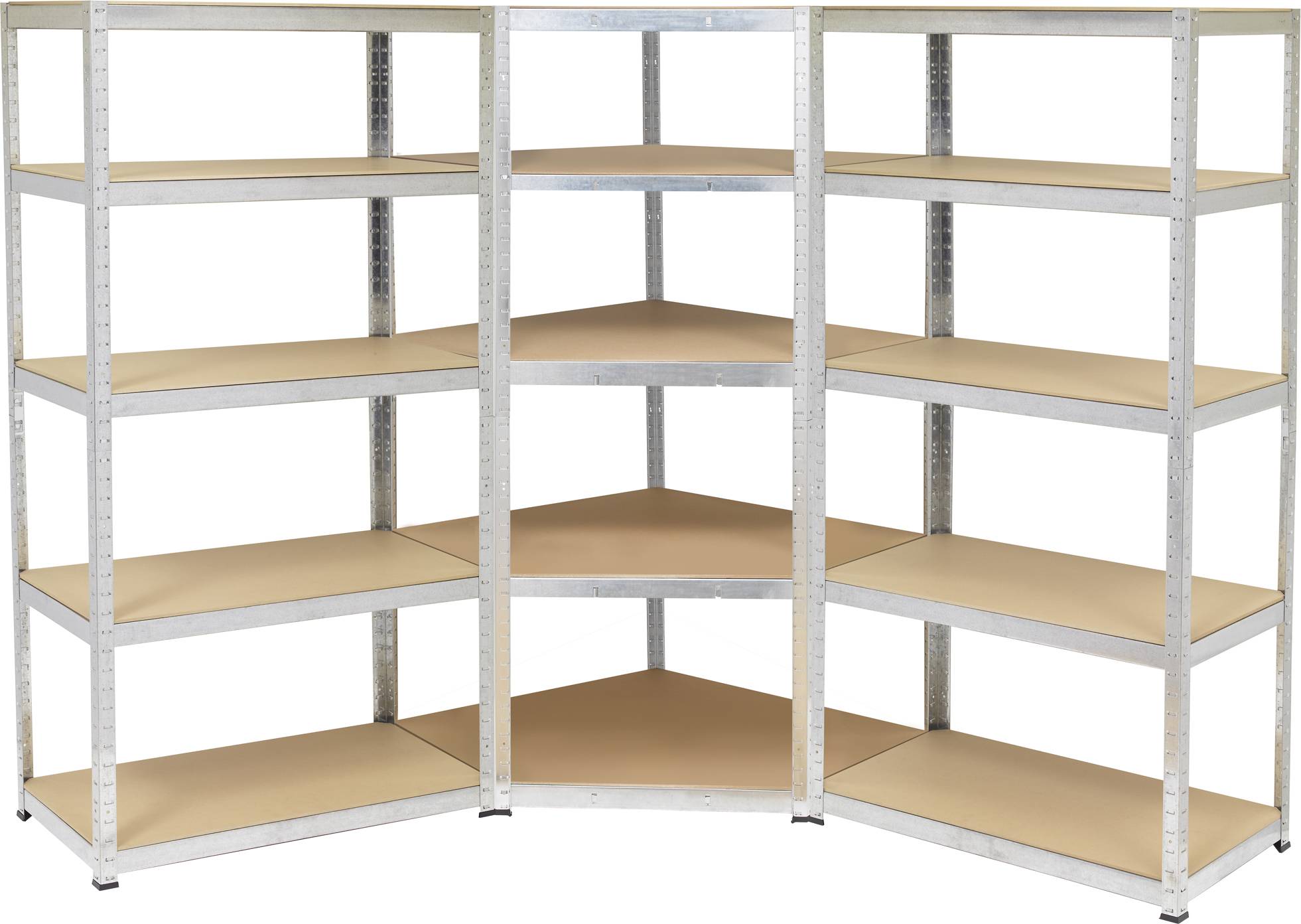 Metallregal in L-Form mit fünf Ebenen, für Ecken geeignet, aus grauem Metall und braunem Holz. Ideal für Lagerung in Ecken.