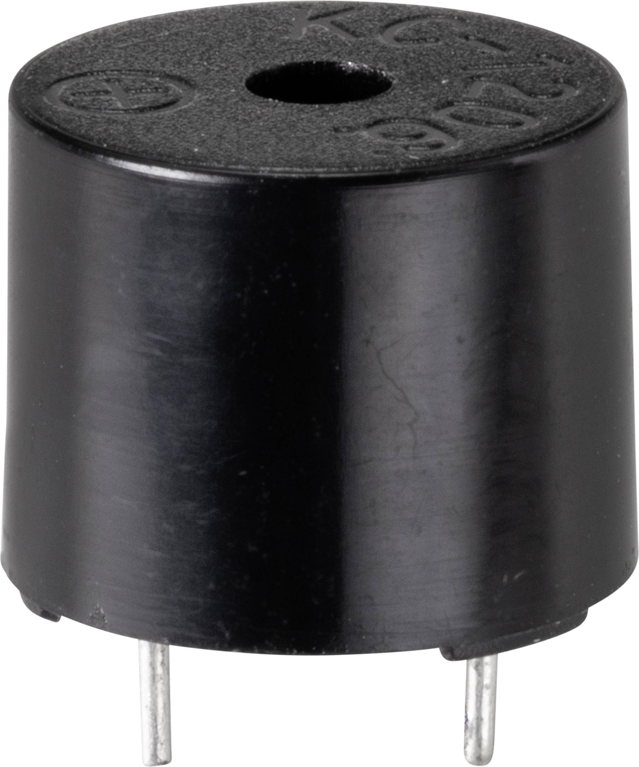 Kleiner, schwarzer, zylindrischer Piezo-Summer mit zwei Metall-Pins für akustische Signalausgabe in elektronischen Geräten.