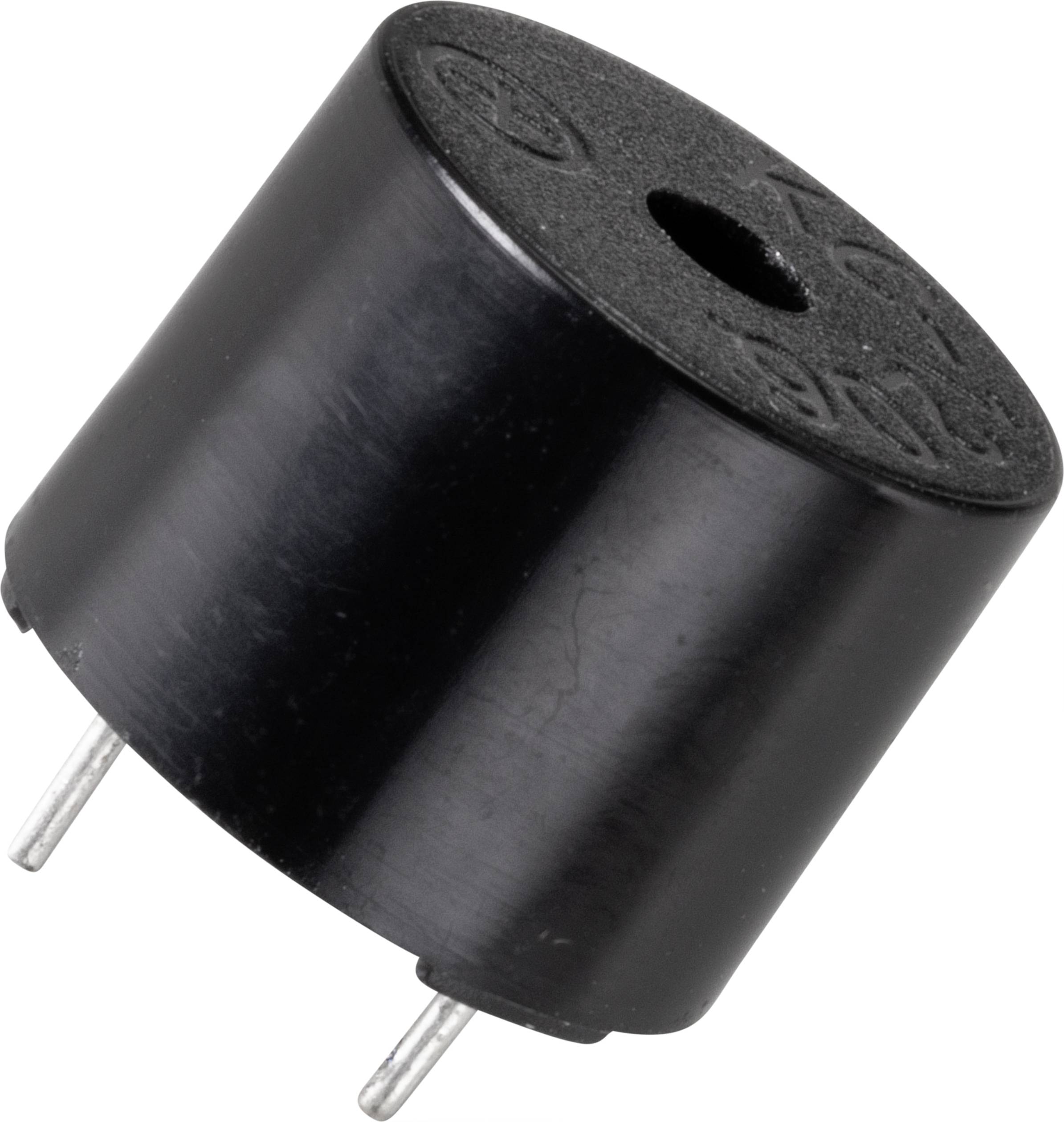 Ein schwarzer, zylindrischer Piezo-Buzzer mit zwei Metallanschlüssen, verwendet zur Erzeugung von Tönen in elektronischen Schaltungen.