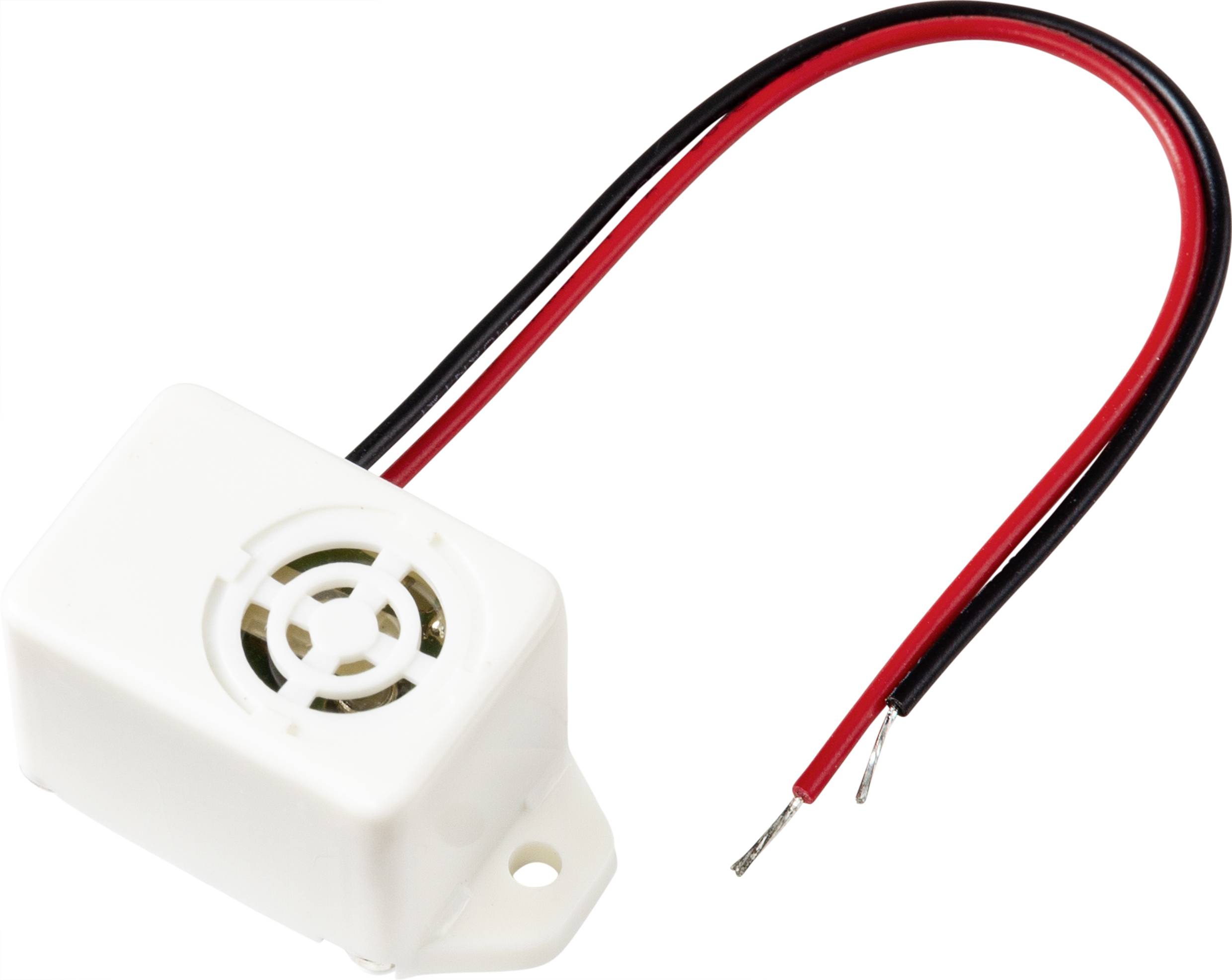 Ein weißer elektrischer Summer mit zwei herausragenden Drähten, ein roter und ein schwarzer, zur Verbindung mit einer Stromquelle.