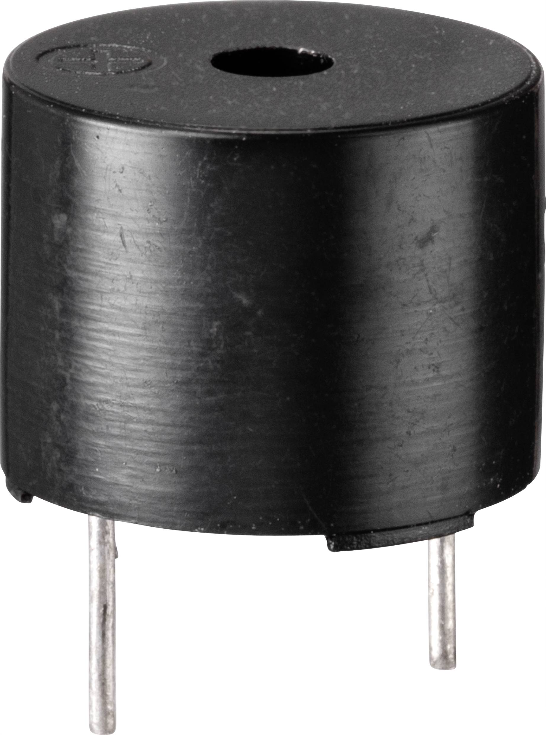 Schwarzer Piezosummer mit zwei Metallpins an der Unterseite, zylindrische Form, dient zur Geräuschausgabe in elektronischen Geräten.