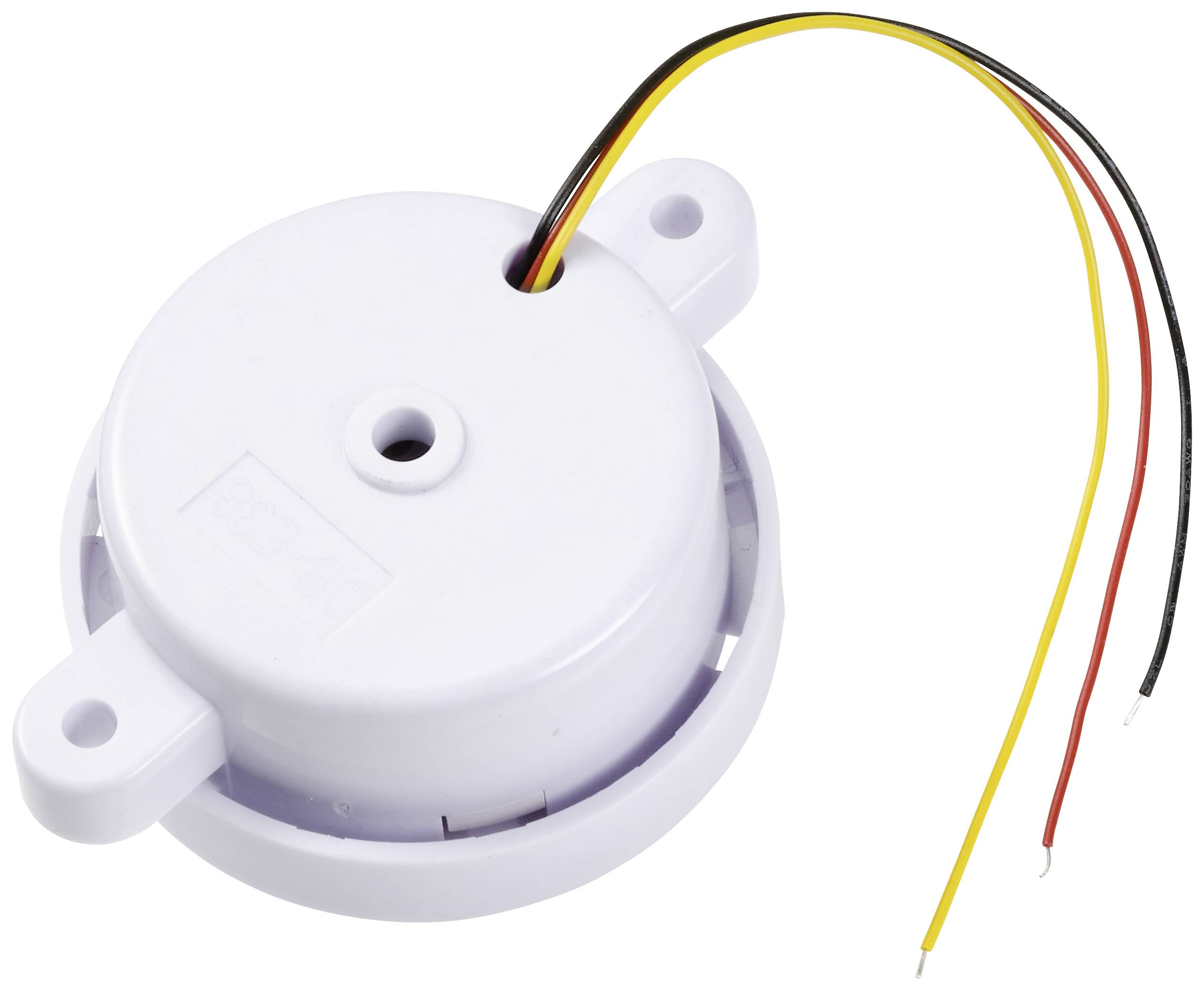 Ein runder, weißer elektrischer Summer mit drei farbigen Drähten (gelb, rot, schwarz) zur Verbindung.