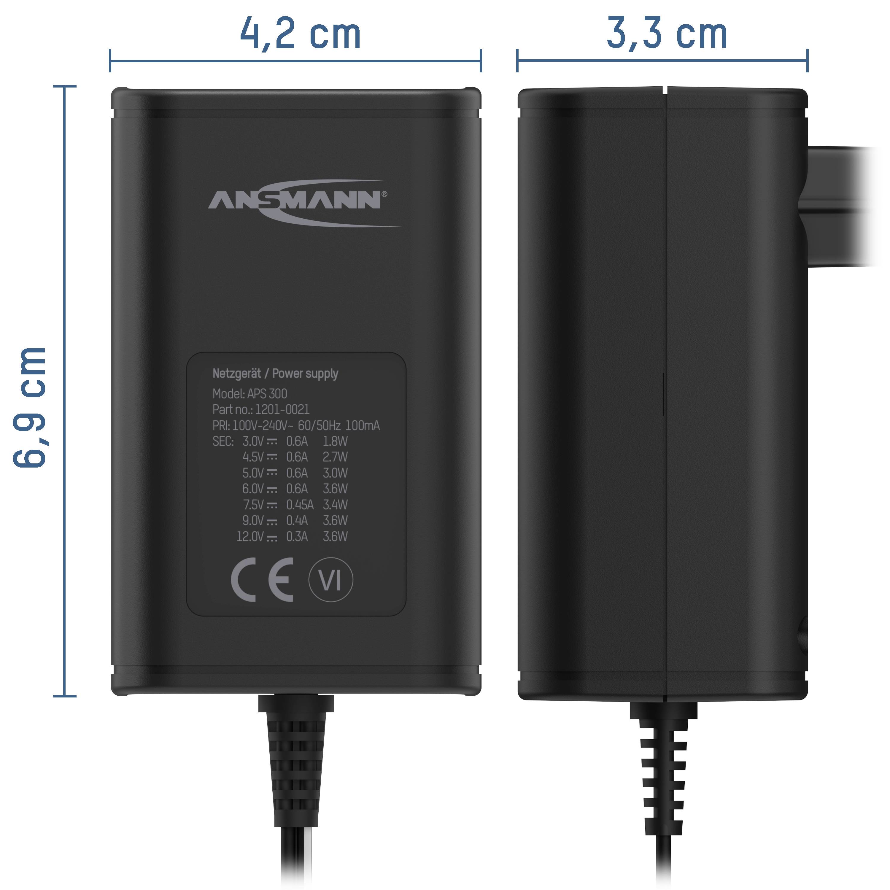 Ansmann 1201-0021 Steckernetzteil, einstellbar 12 V/DC, 9 V/DC, 7.5 V/DC, 6 V, 4.5 V/DC, 3 V 300 mA