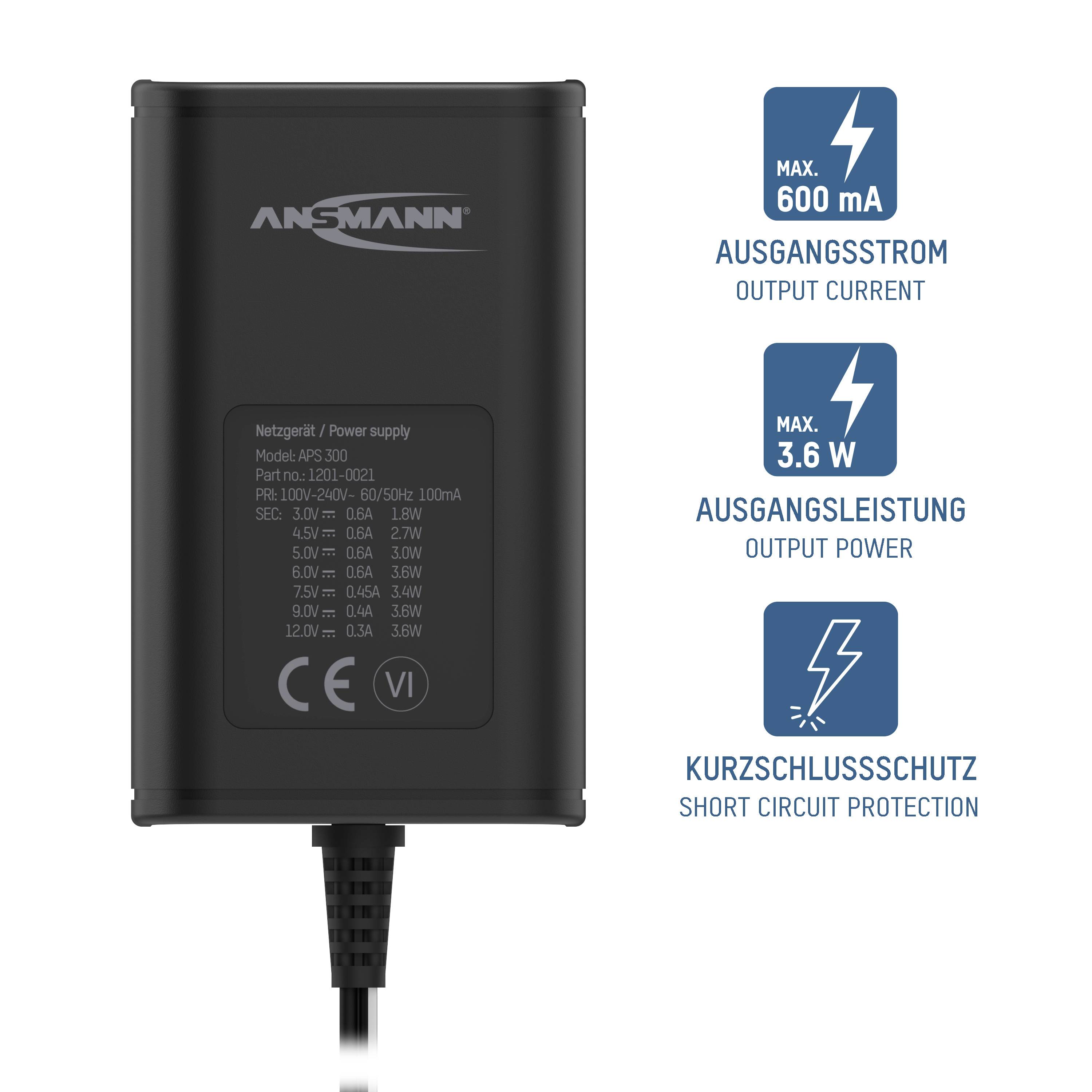 Ansmann 1201-0021 Steckernetzteil, einstellbar 12 V/DC, 9 V/DC, 7.5 V/DC, 6 V, 4.5 V/DC, 3 V 300 mA