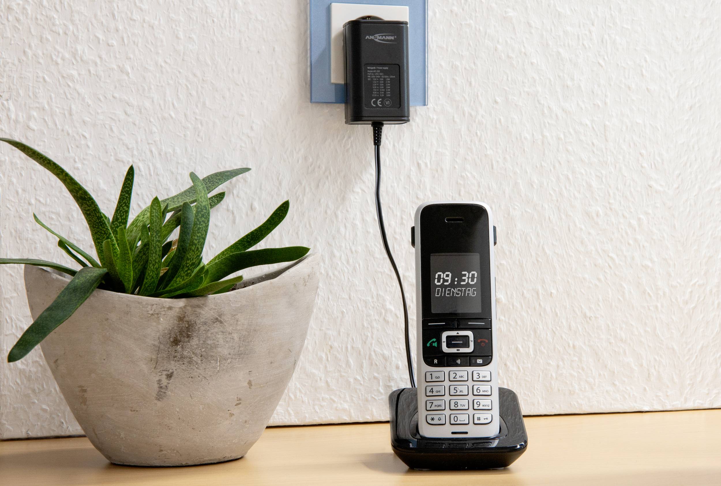 Ein kabelloses Tischtelefon steht auf einem Holzregal neben einer grünen Pflanze in einem Topf, das Telefon wird aufgeladen.