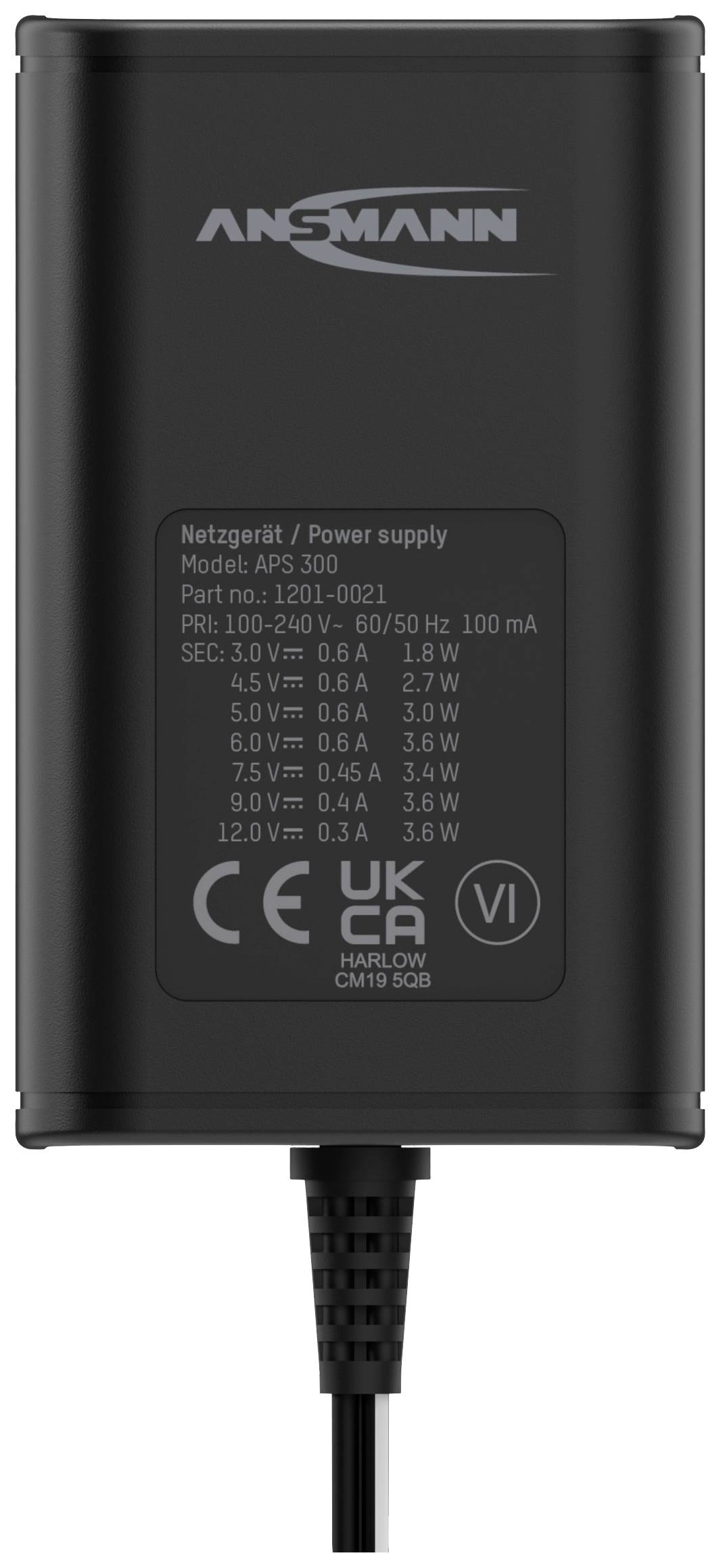 Ansmann 1201-0021 Steckernetzteil, einstellbar 12 V/DC, 9 V/DC, 7.5 V/DC, 6 V, 4.5 V/DC, 3 V 300 mA
