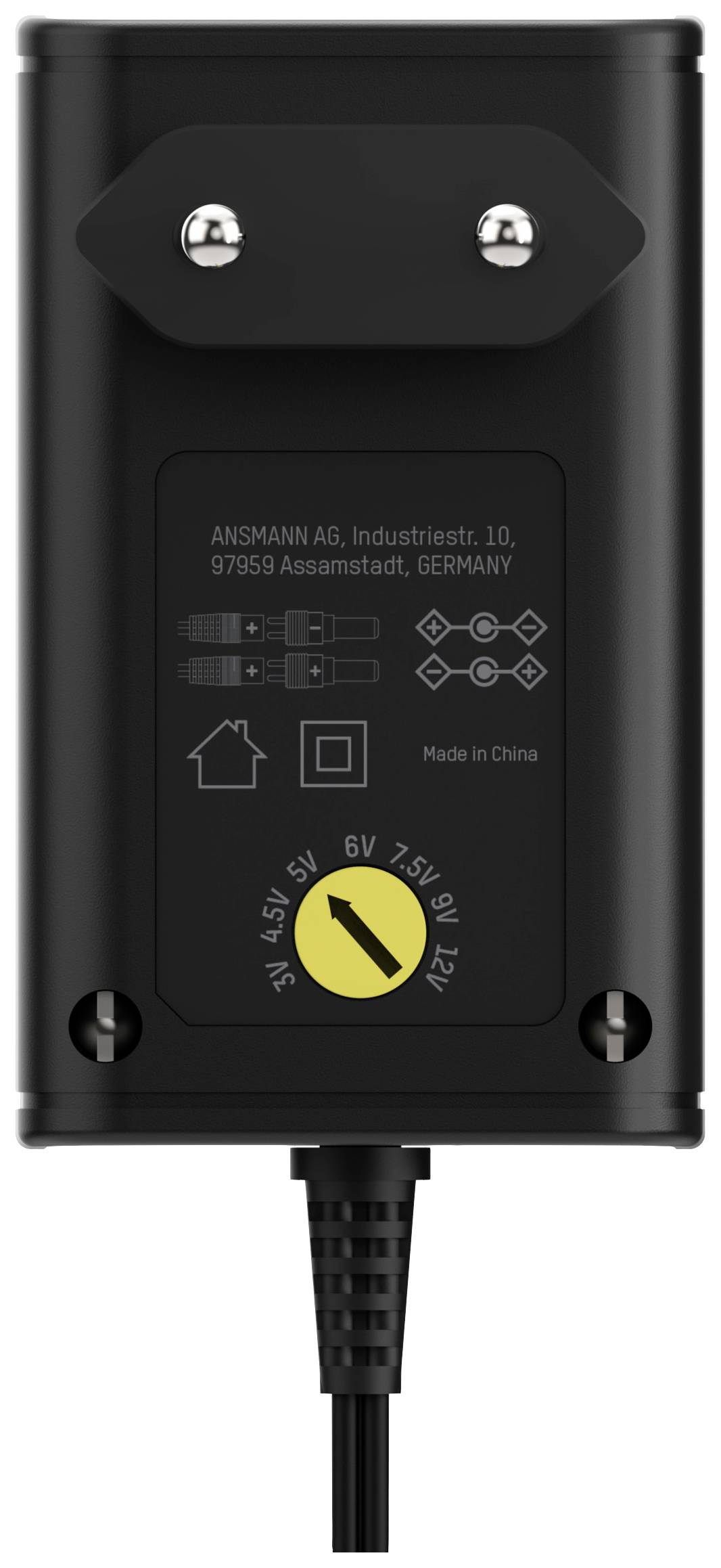 Schwarzes Netzteil mit einstellbarer Spannung von 3V bis 12V. Markenname und Fertigungsort sind aufgedruckt.
