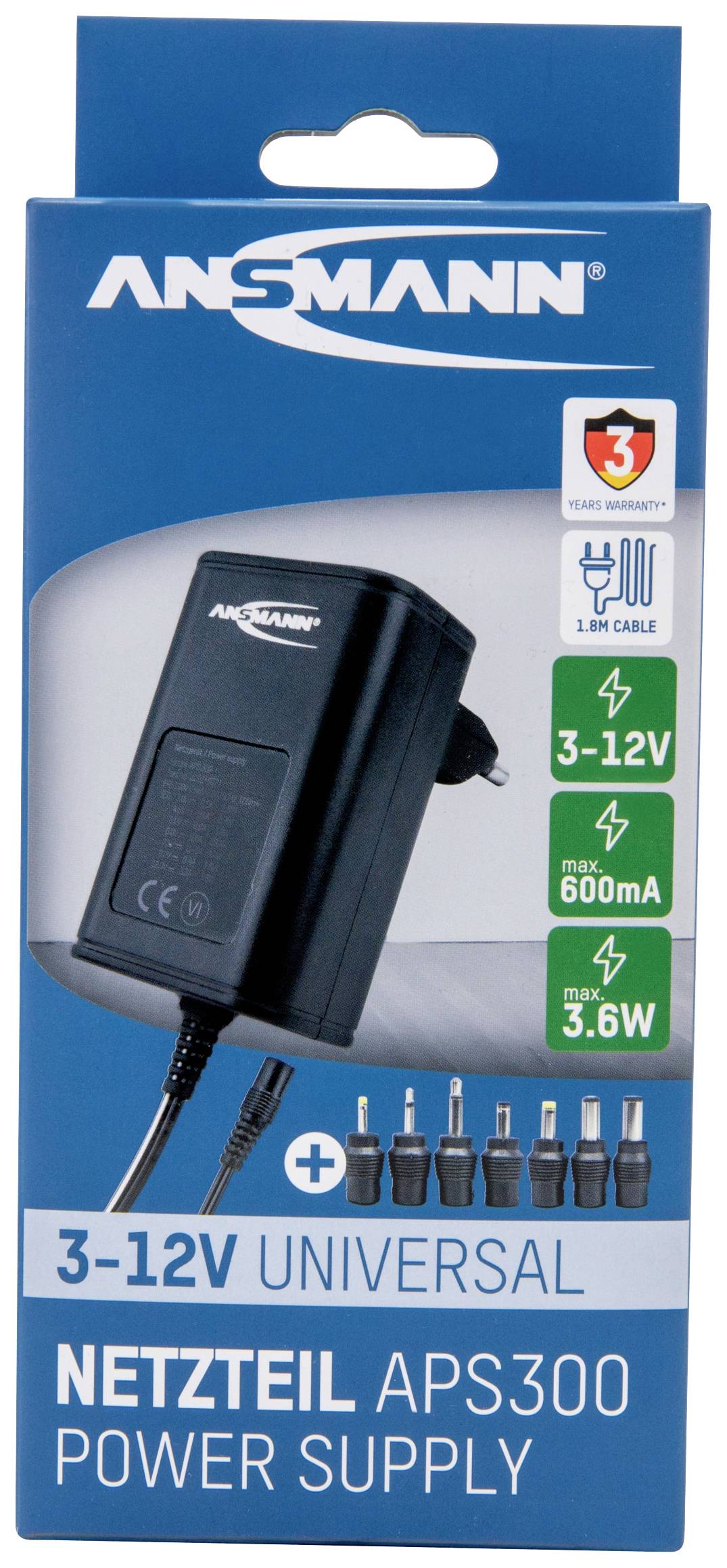Ansmann 1201-0021 Steckernetzteil, einstellbar 12 V/DC, 9 V/DC, 7.5 V/DC, 6 V, 4.5 V/DC, 3 V 300 mA
