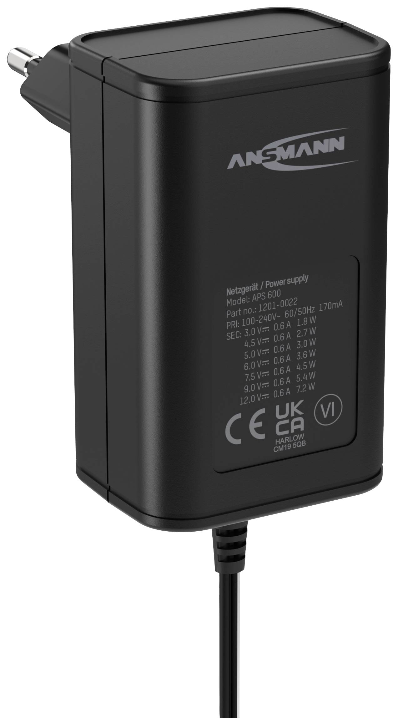 Schwarzes Netzteil mit Stecker, Marke Ansmann, Modell APS 300, zeigt technische Spezifikationen wie Ausgangsleistung und Zertifizierungen.