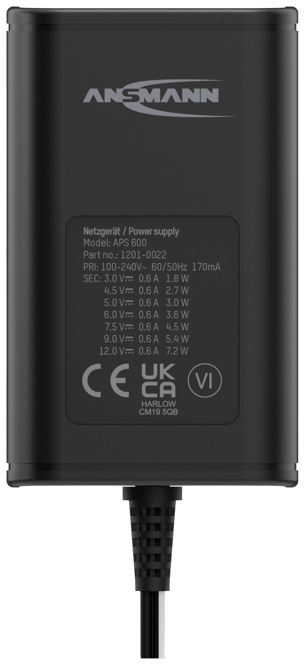 Schwarzes Ansmann Netzteil APS 800, Eingang 100-240V, Ausgang 3-12V mit variabler Leistung. Kabel an der Unterseite angebracht.