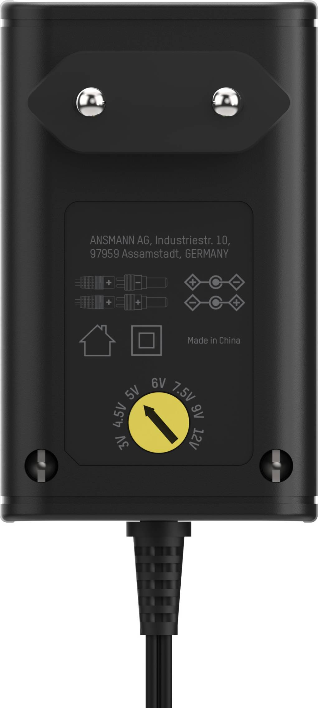 Netzteil mit wählbaren Spannungsstufen: 3V, 4.5V, 5V, 6V, 7.5V, 9V, 12V. Ansmann-Logo, hergestellt in China.