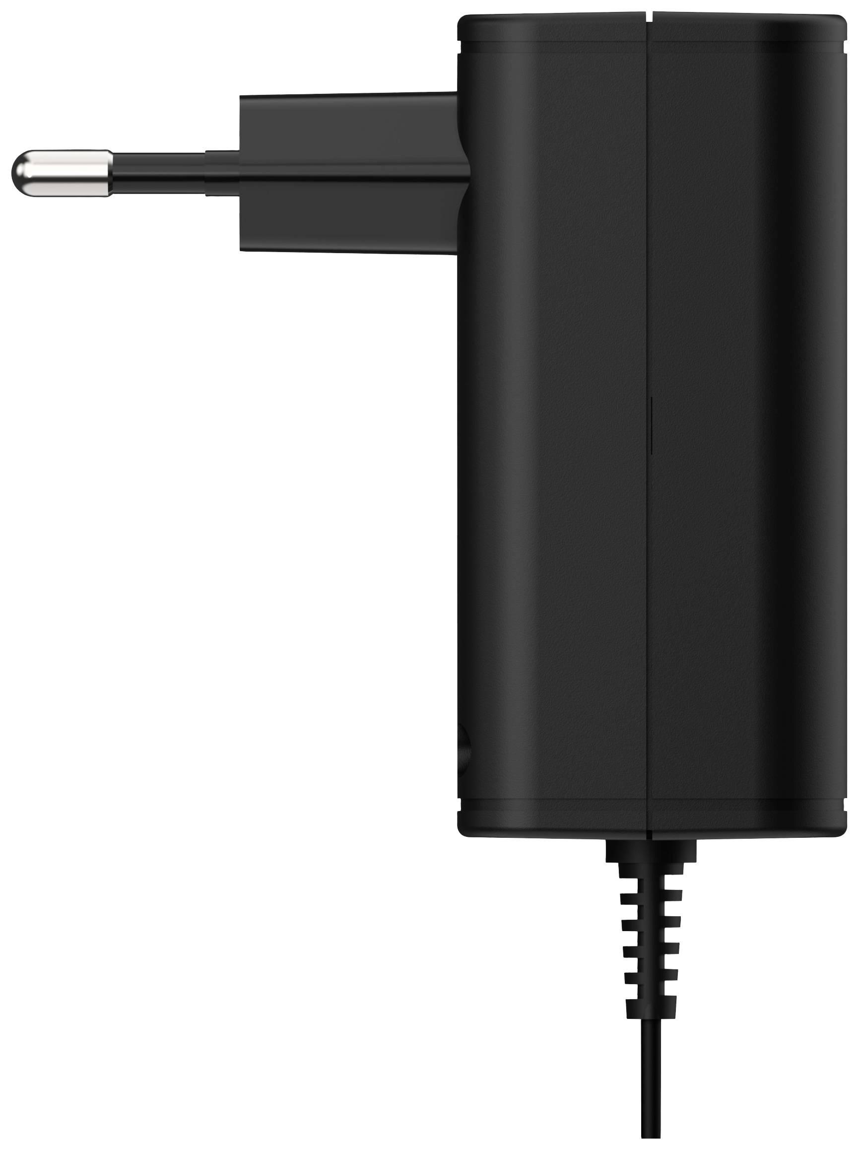 Schwarzes Steckernetzteil mit europäischem Stecker und angeschlossenem Kabel, seitliche Ansicht.