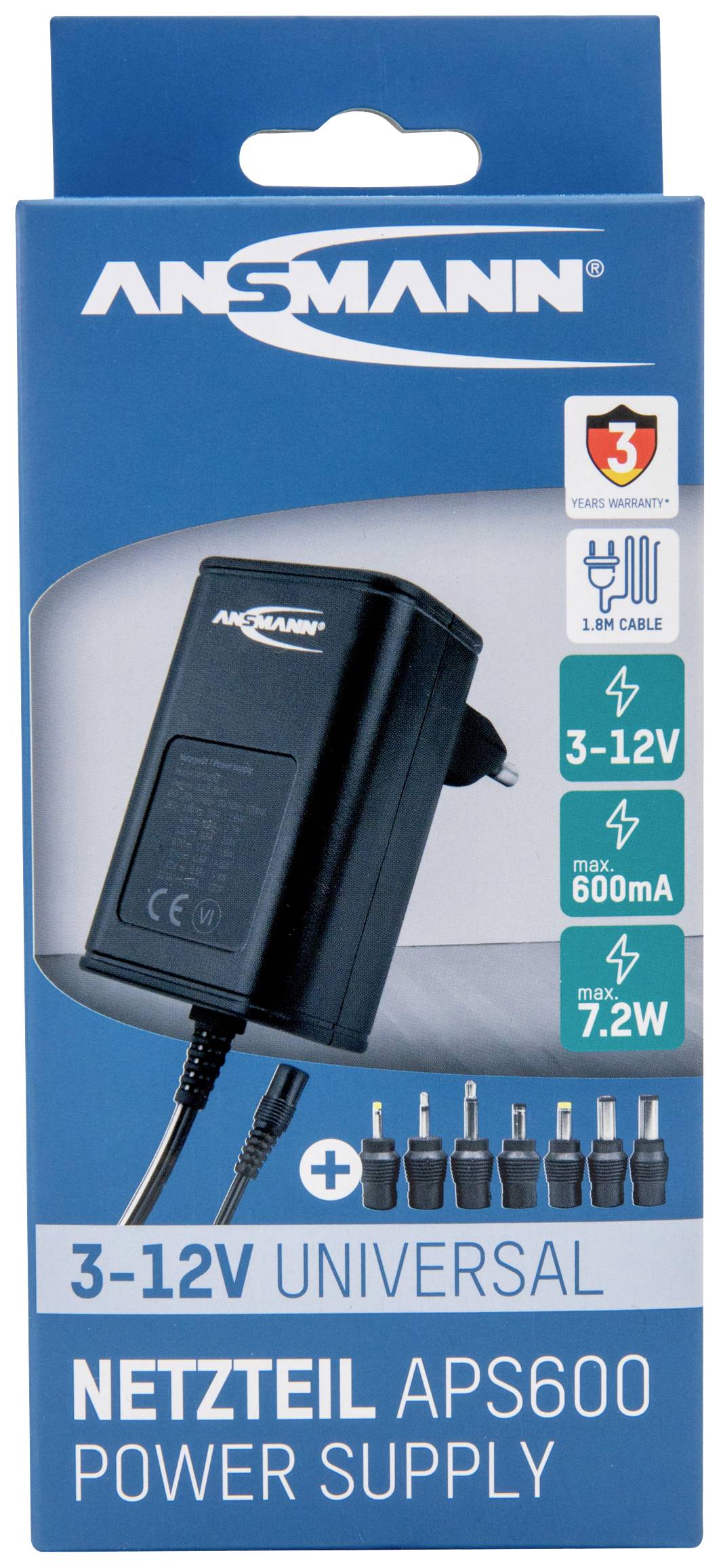'Netzteil APS600 Universal' auf Verpackung. Spannungsbereich 3-12V, Max. 600mA, 7,2W. Enthält sechs verschiedene Adapterstecker.