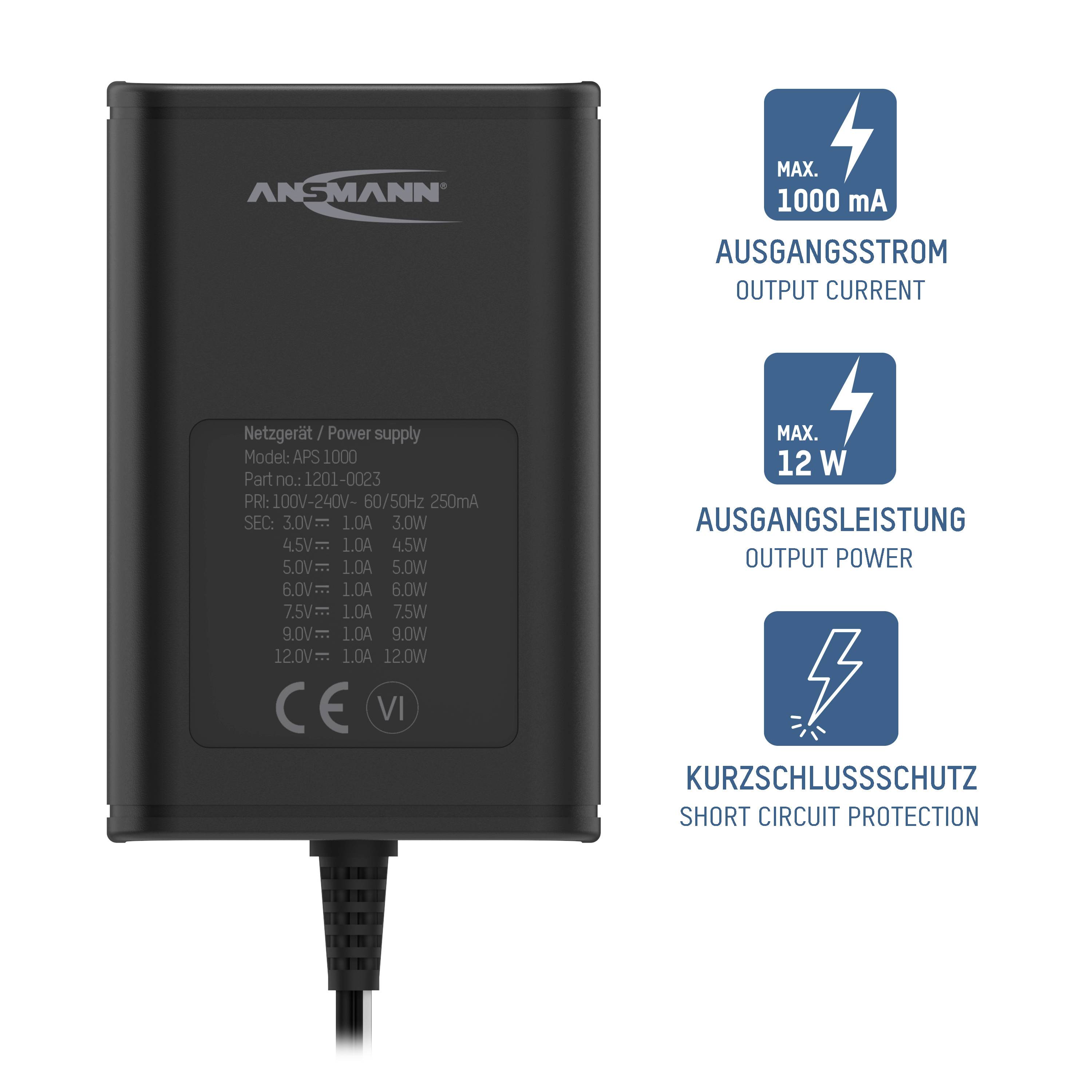 Ansmann 1201-0023 Steckernetzteil, einstellbar 12 V/DC, 9 V/DC, 7.5 V/DC, 6 V, 4.5 V/DC, 3V 1000mA 12W