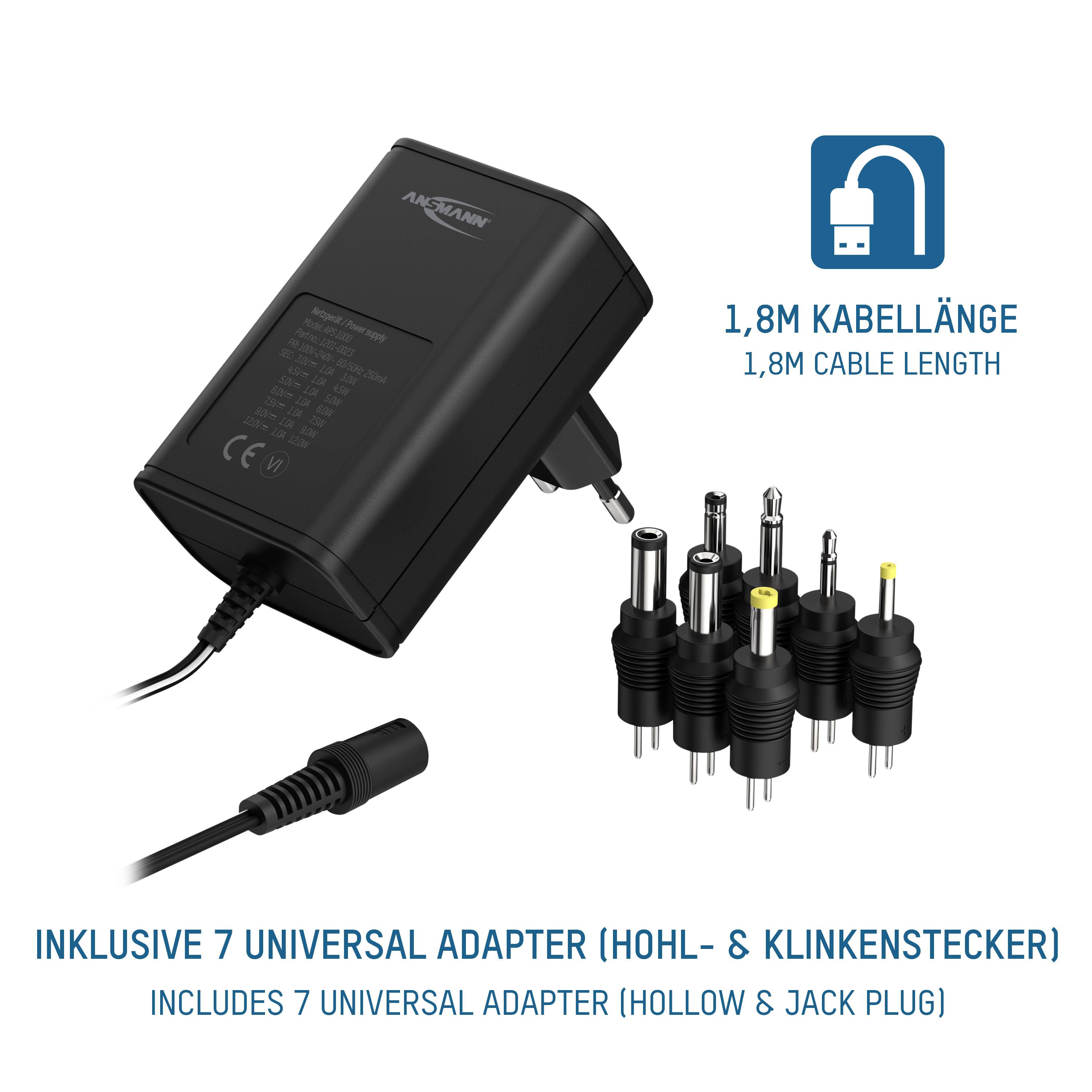 Abbildung eines Netzteils mit sieben verschiedenen Adaptersteckern und der Beschriftung '1,8 m Kabellänge' und 'Inklusive 7 Universal Adapter'.