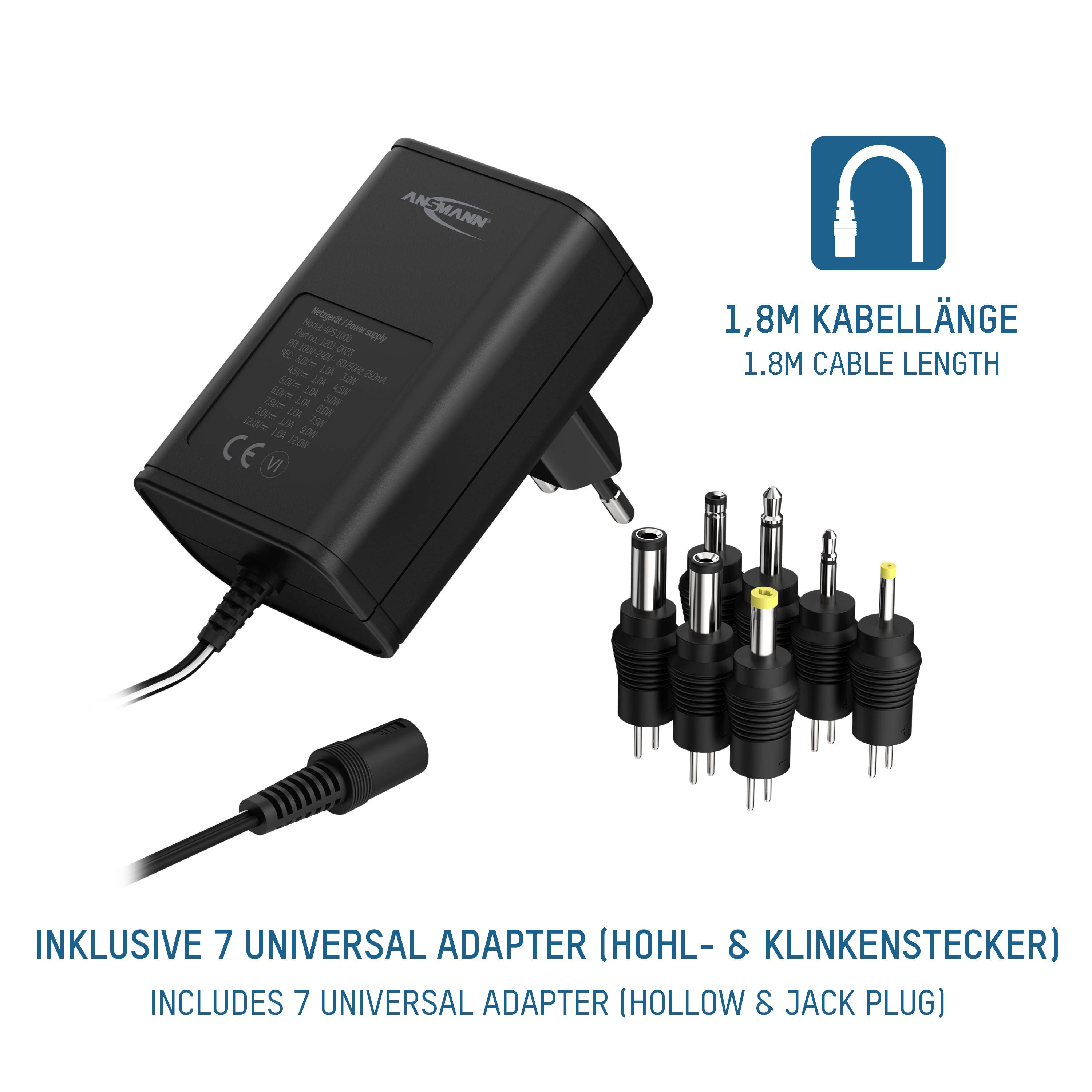 Ladegerät mit 1,8 m Kabel und 7 Universaladaptern, geeignet für verschiedene Geräte. Anzeige von Hohl- und Klinkensteckern.