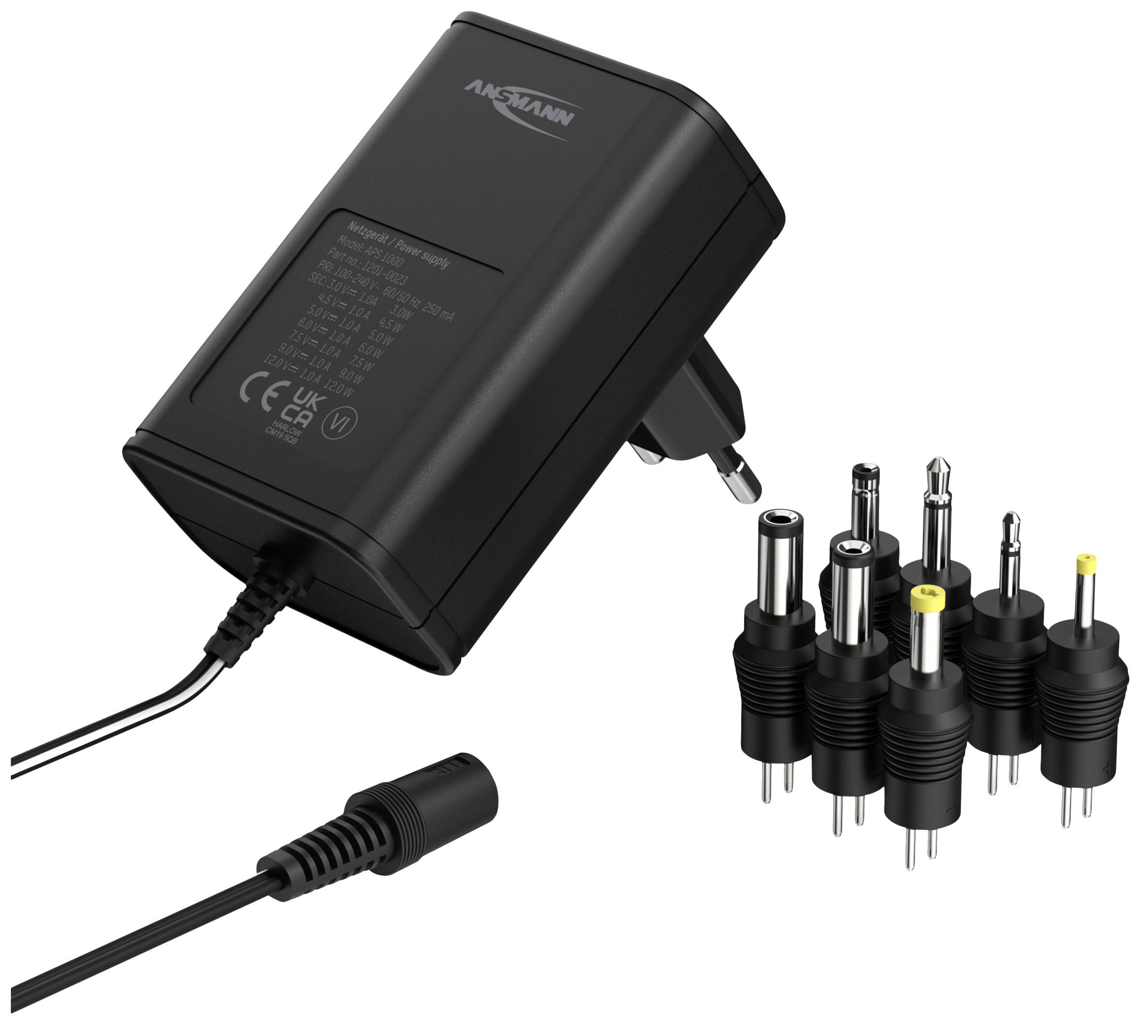 Ein schwarzes Netzteil mit sieben austauschbaren Steckern, geeignet für verschiedene elektronische Geräte.