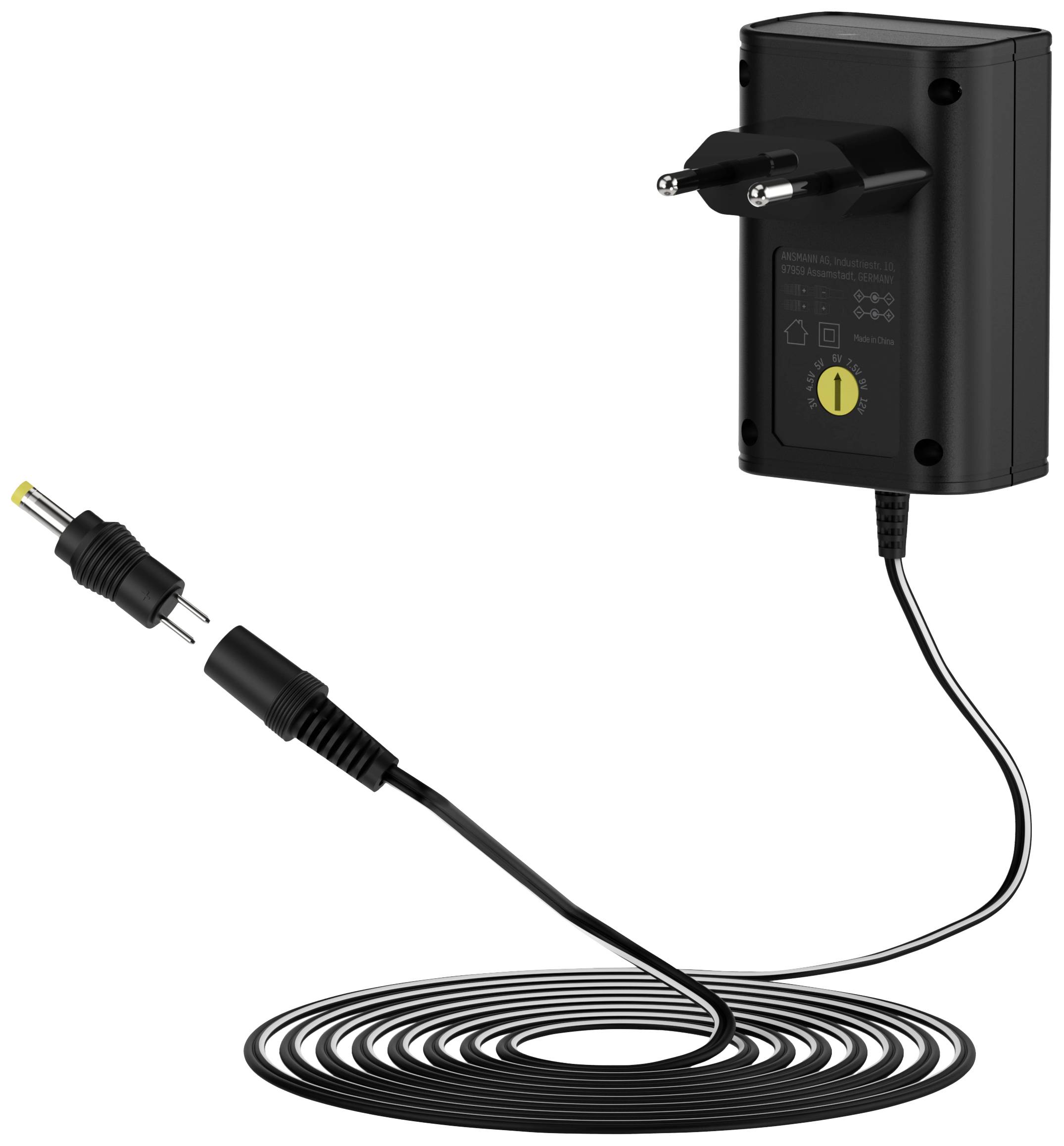 Schwarzes Steckernetzteil mit gelbem Ring an der Spitze des Kabels, geeignet für den Anschluss an elektronische Geräte.