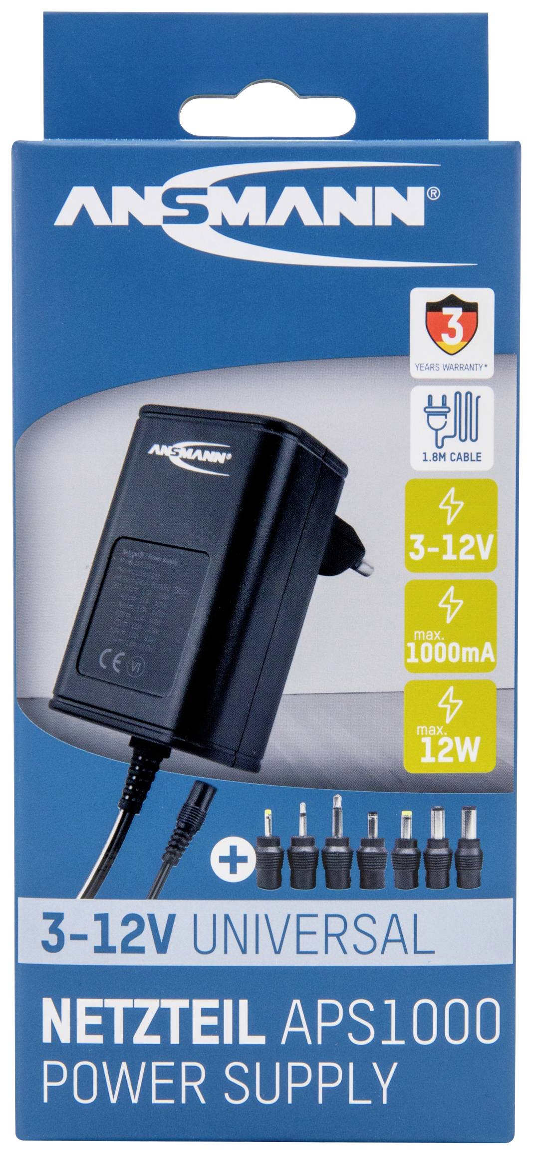 Blau-weiße Verpackung für ein universelles Netzteil 'APS1000'. Zeigt Steckeradapter, Spannungseinstellungen (3-12V) und Stromstärke (1000mA).