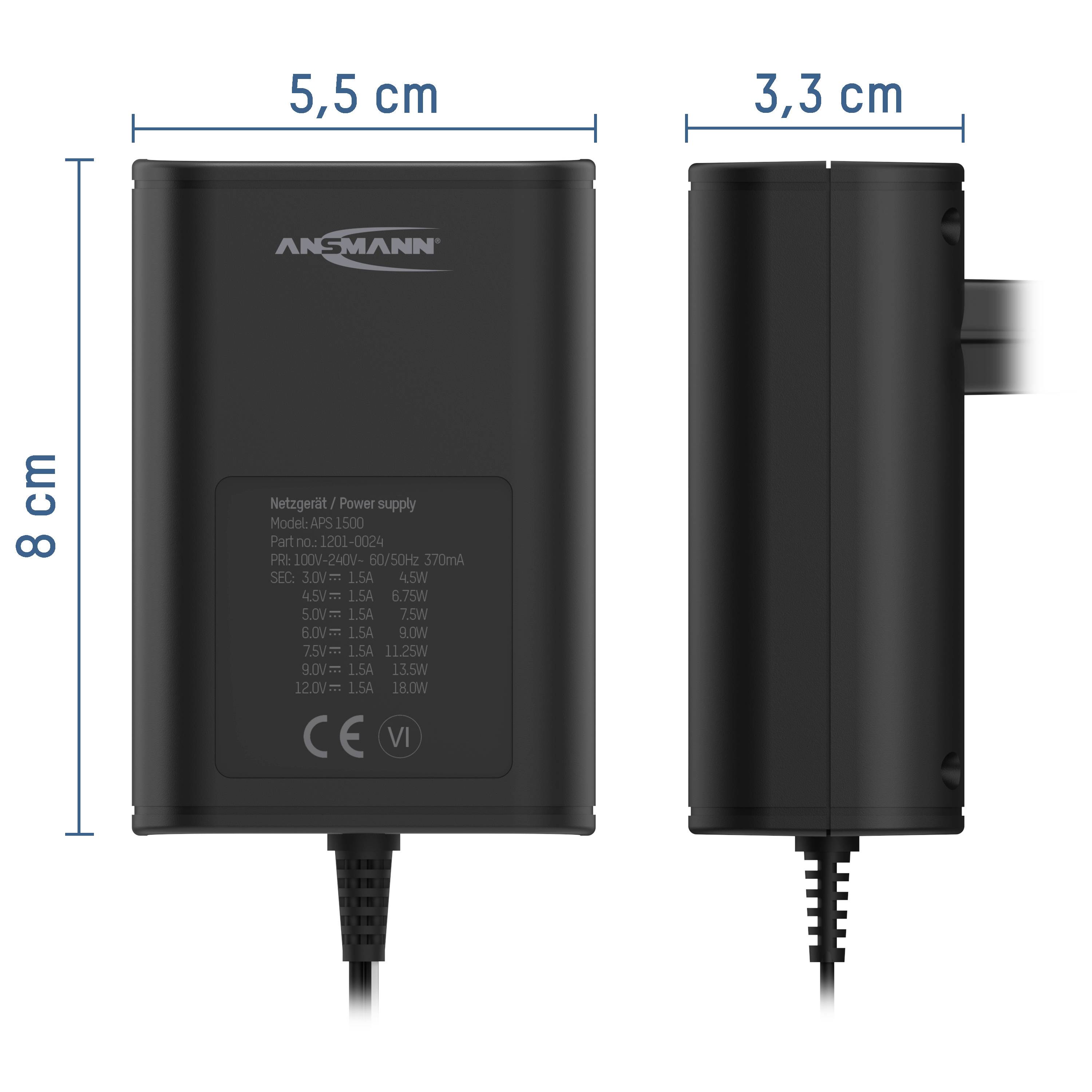 Netzteil von Ansmann mit Abmessungen: 8 cm Höhe, 5,5 cm Breite, 3,3 cm Tiefe. Zeigt zwei Ansichten: Vorder- und Seitenansicht.