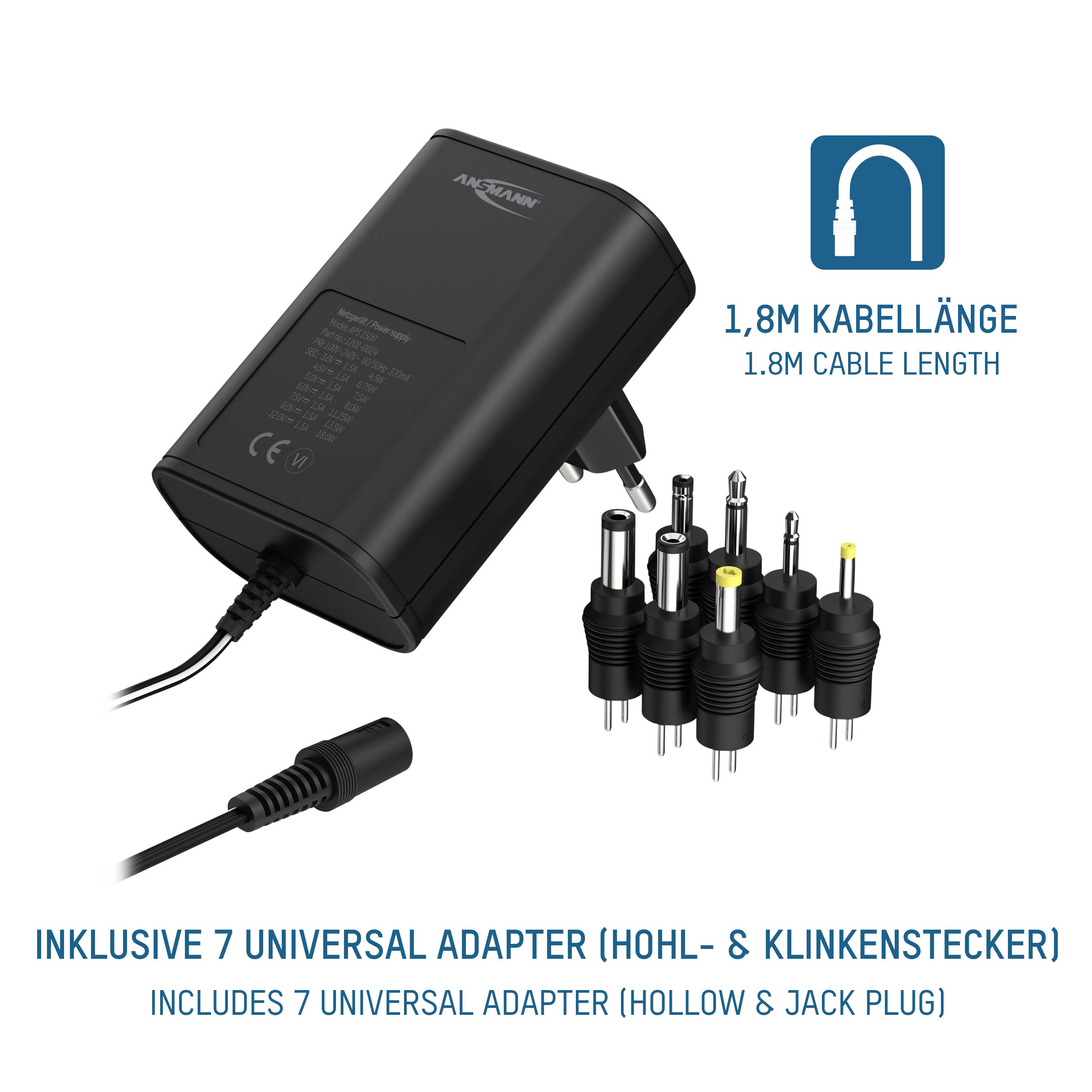Schwarzes Netzteil-Adapter-Set mit sieben austauschbaren Steckern, geeignet für unterschiedliche Anschlussarten. Kabel: 1,8 m.