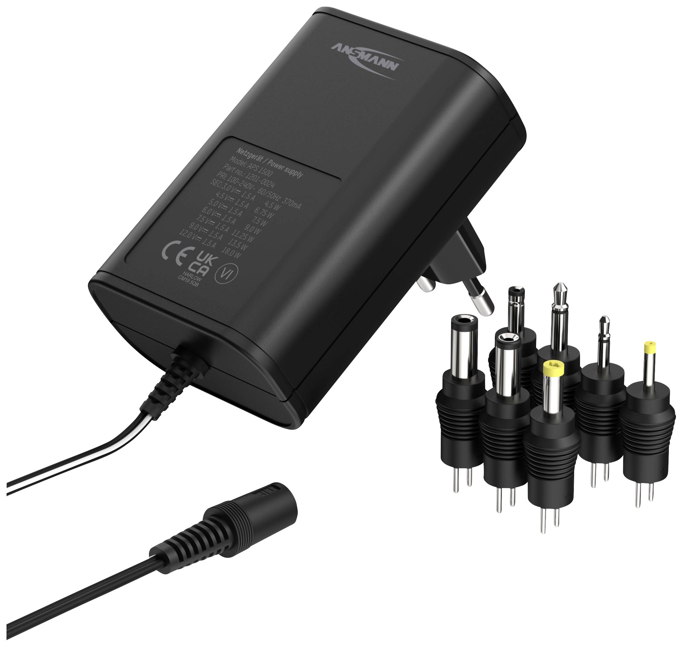 Schwarzes Netzteil mit verschiedenen Adaptern für unterschiedliche Anschlüsse, geeignet für vielseitige elektronische Geräte.