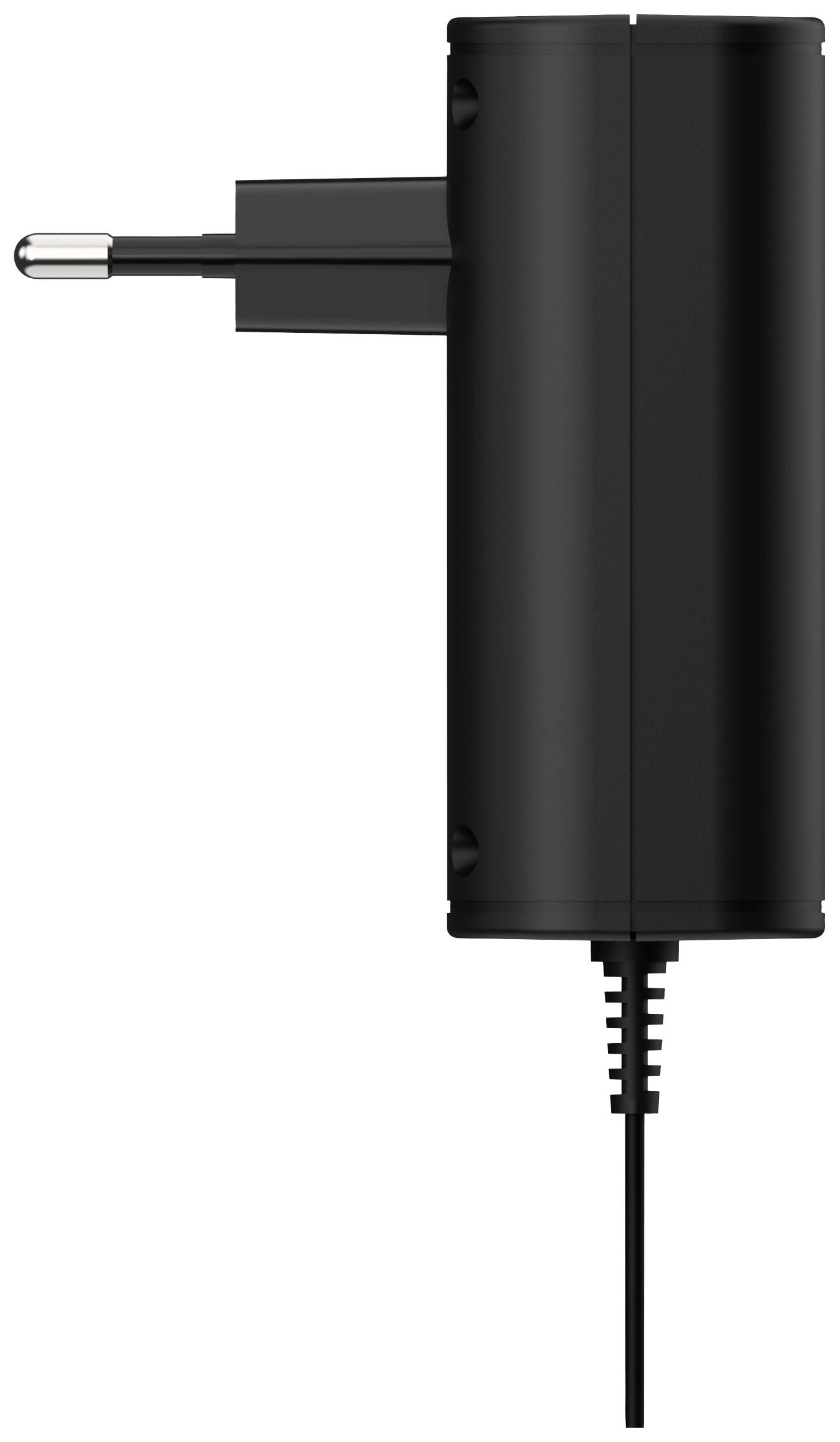 Ein schwarzes Ladegerät im Profil mit europäischem Stecker und Kabel, präsentiert vertikal mit Blick auf die rechte Seite.
