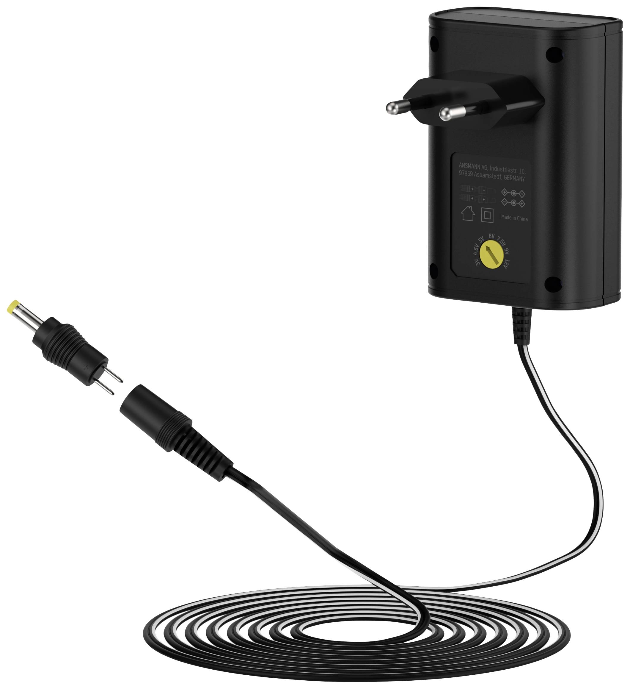 Ein schwarzes Ladegerät mit einem Steckerkabel und einem austauschbaren Steckeradapter.