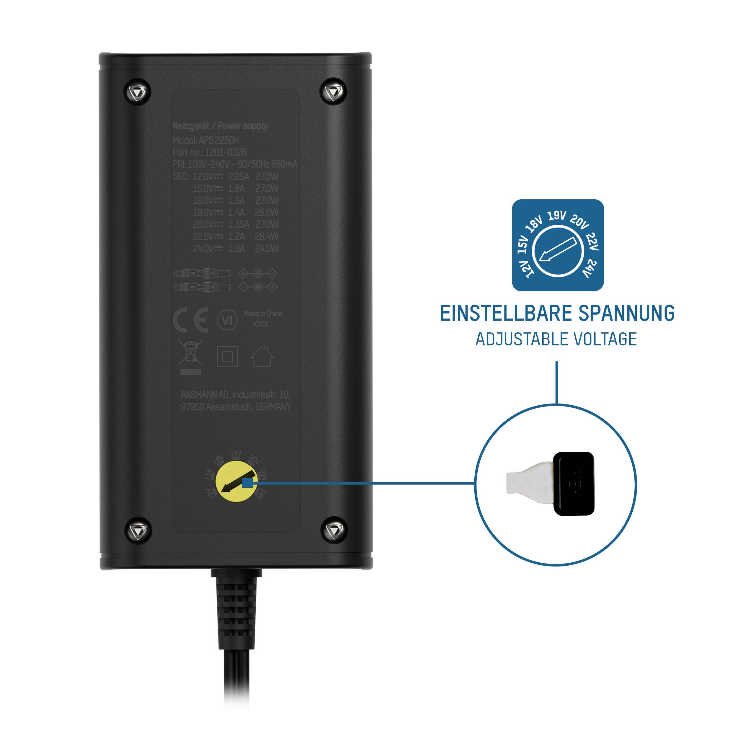 Ansmann 1201-0026 Steckernetzteil, einstellbar 12 V/DC, 24 V/DC, 22 V/DC, 20 V/DC, 19 V/DC, 18 V/DC, 15 V/DC 2250mA 27W