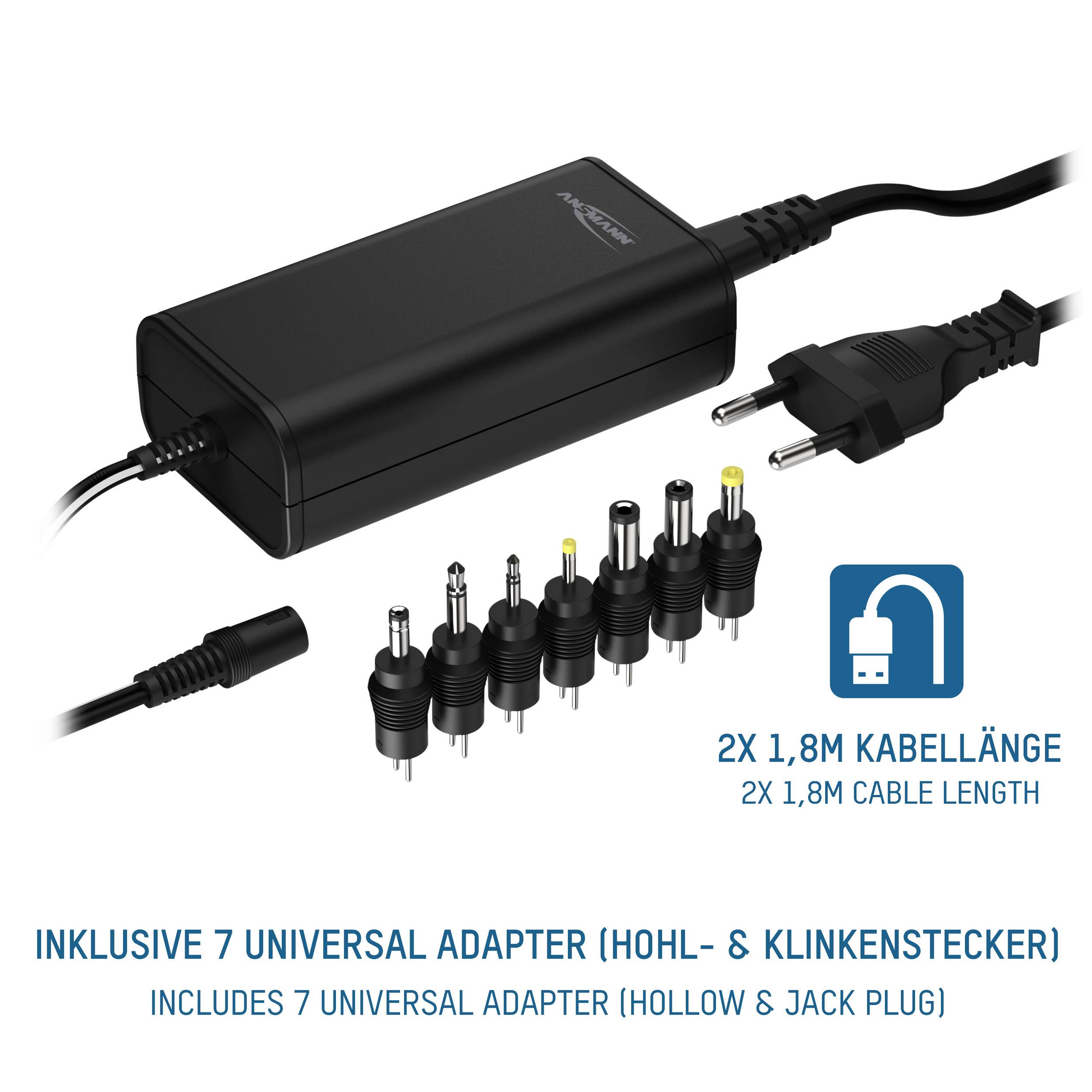 Schwarzes Netzteil mit sieben verschiedenen Adaptern. Text: '2x 1,8m Kabellänge'. Adapter für verschiedene Geräteanschlüsse.