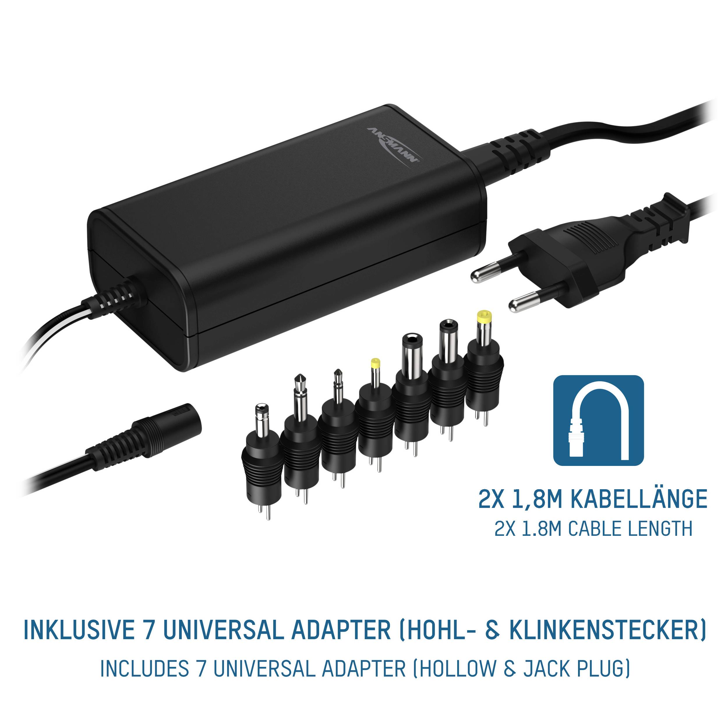 Netzteil mit 2x 1,8m Kabel und 7 verschiedenen Adaptersteckern, ideal für verschiedene Geräteanforderungen.