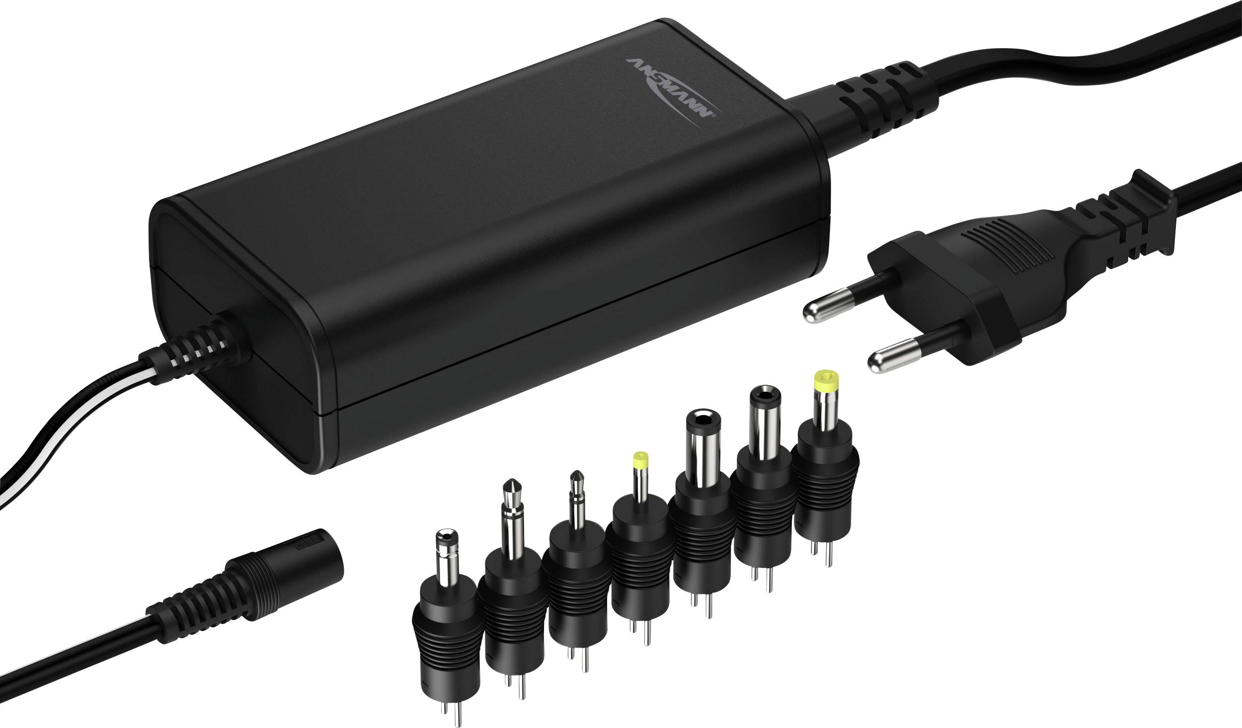 Schwarzes Universal-Laptopnetzteil mit acht austauschbaren Anschlusssteckern und EU-Stecker. Perfekt für diverse Laptops.