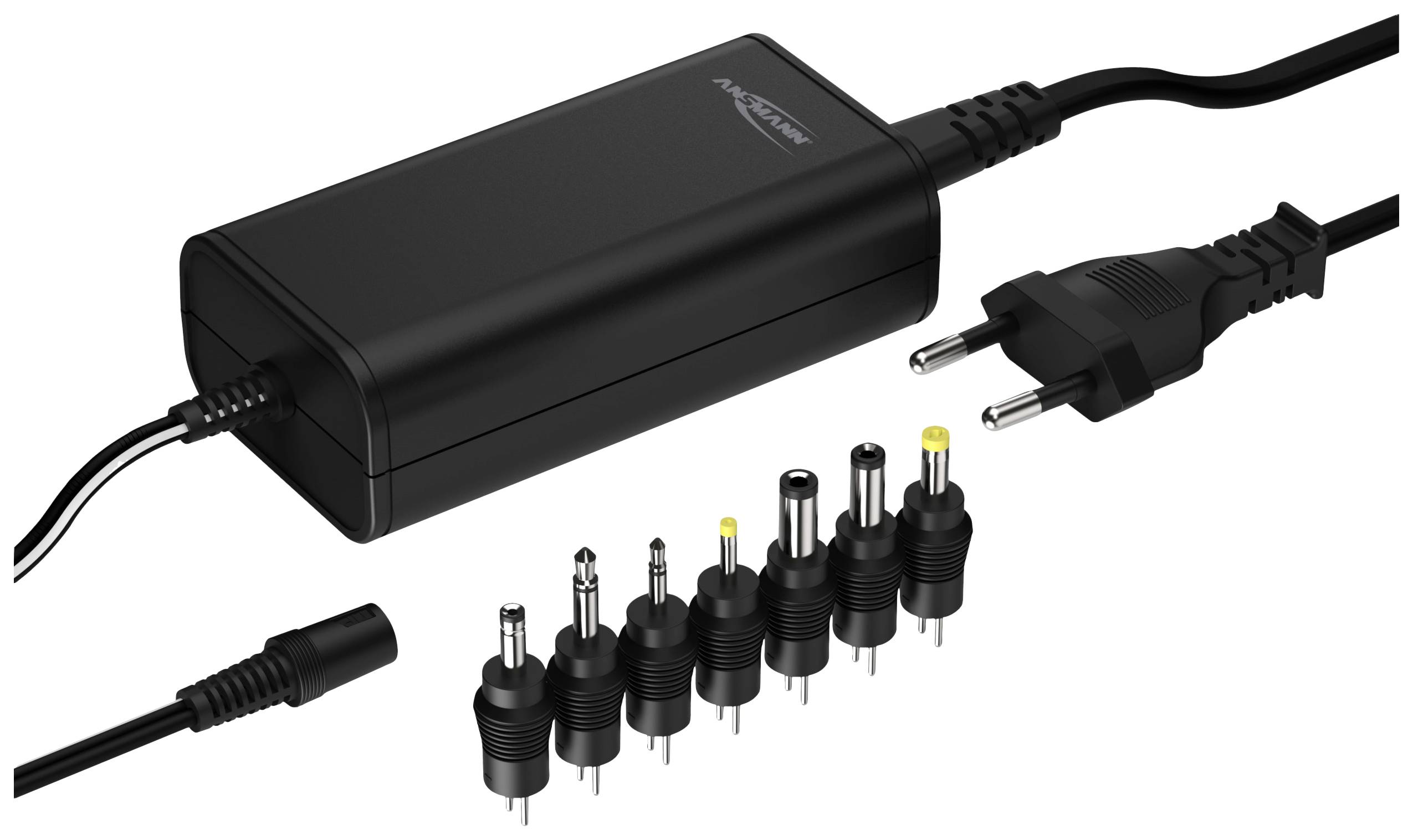 Ein schwarzes Netzteil mit verschiedenen austauschbaren Anschlüssen und einem europäischen Stecker. Geeignet für verschiedene Geräte.