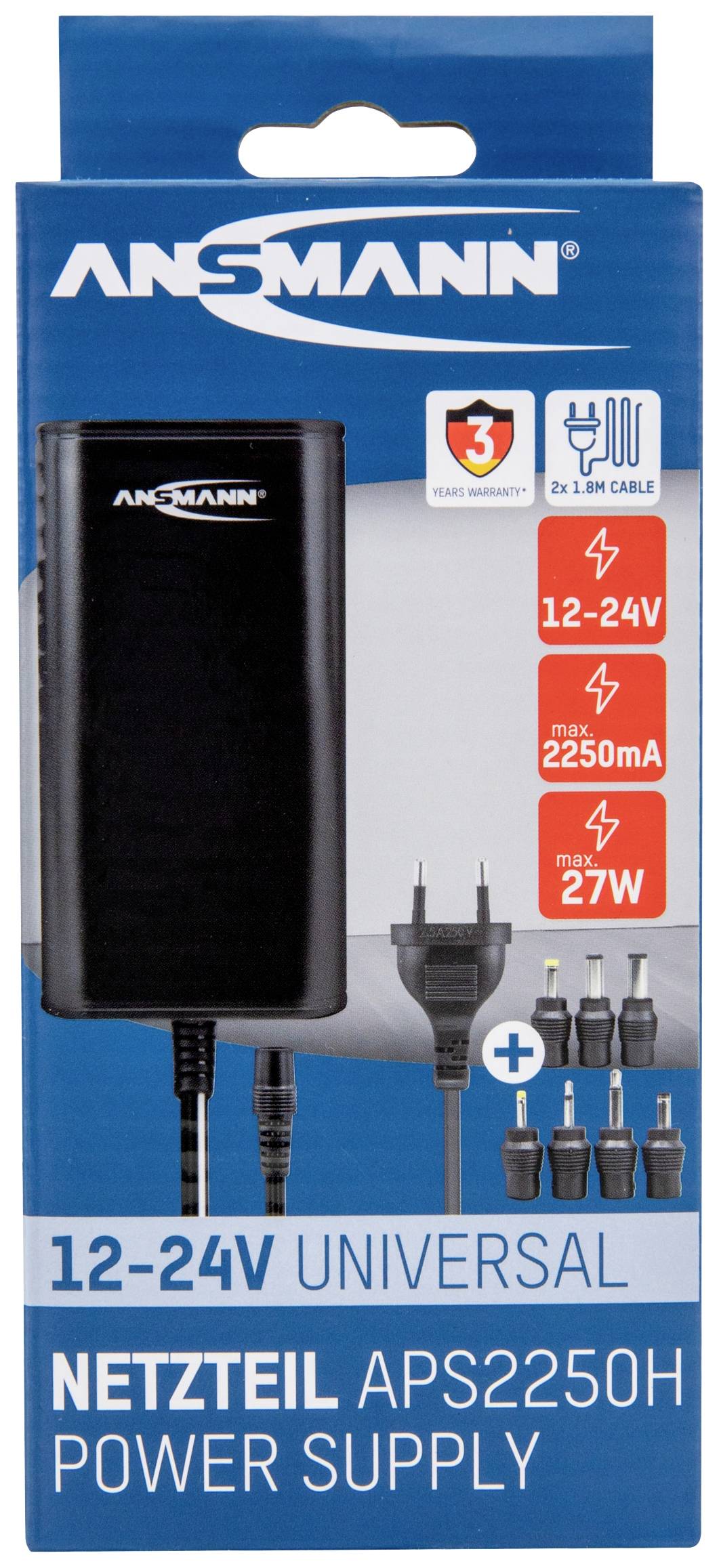 Verpackung eines Universalnetzteils von Ansmann. Details: Eingang 100-240V, Ausgang 12-24V, max. 2250mA, 27W, inklusive Adapterstecker.