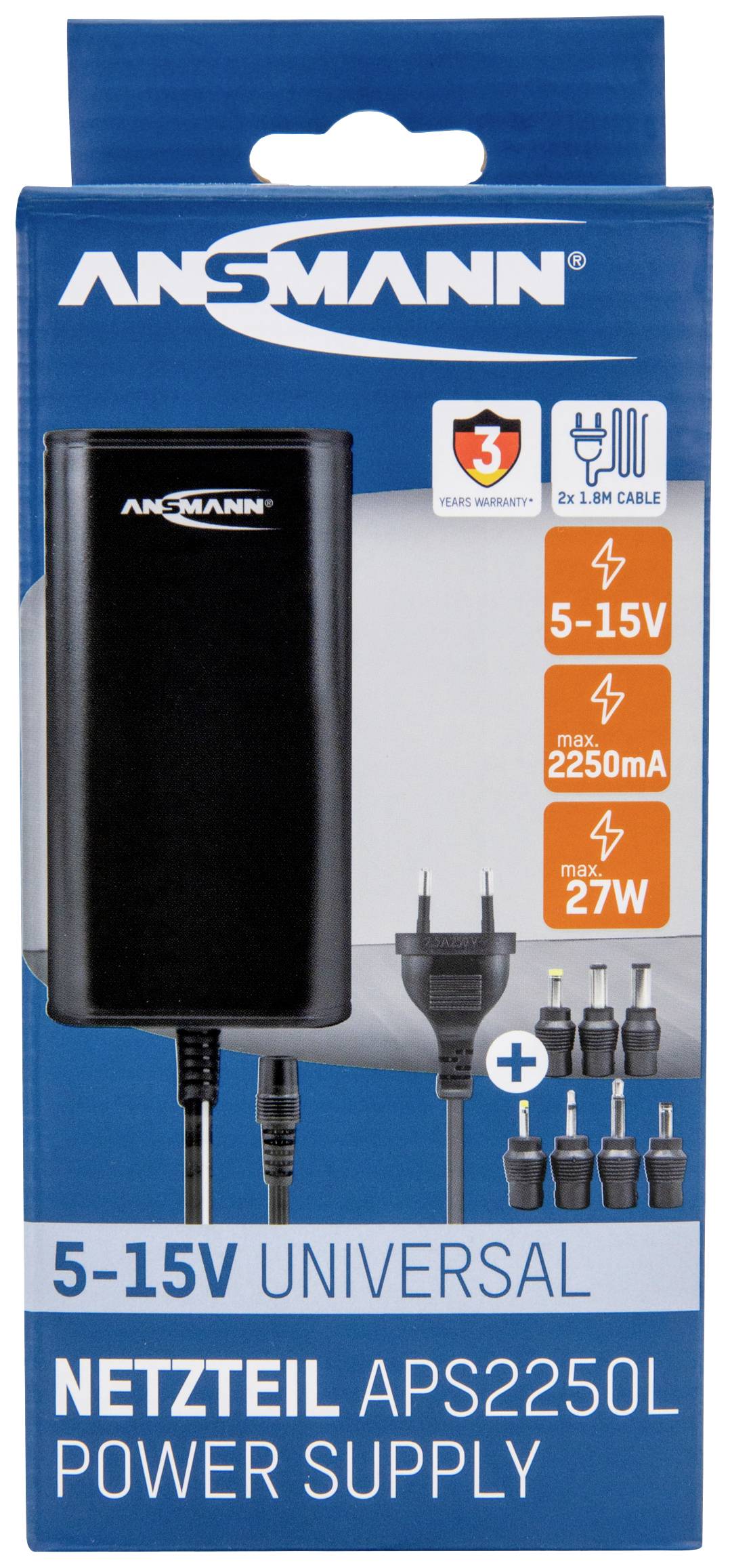 Verpackung eines ANSMANN Universal-Netzteils mit 5-15V, 2250mA und 27W. Enthält Kabel und verschiedene Adapterstecker.