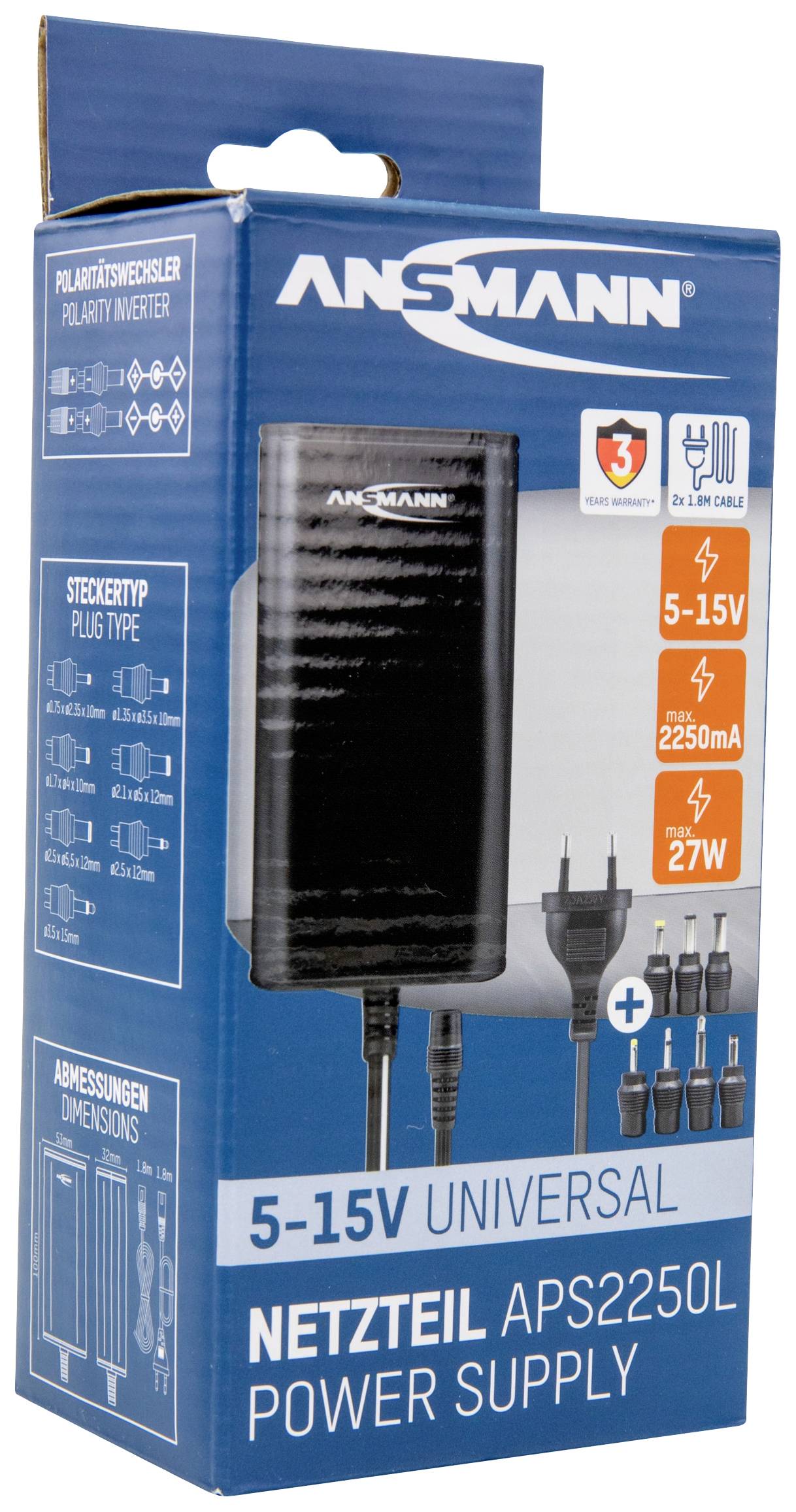 'Universelles Netzteil APS2250L' auf der Verpackung: Eingang 5-15V, 2250mA, 27W, inklusive Adapter und drei Jahre Garantie von Ansmann.