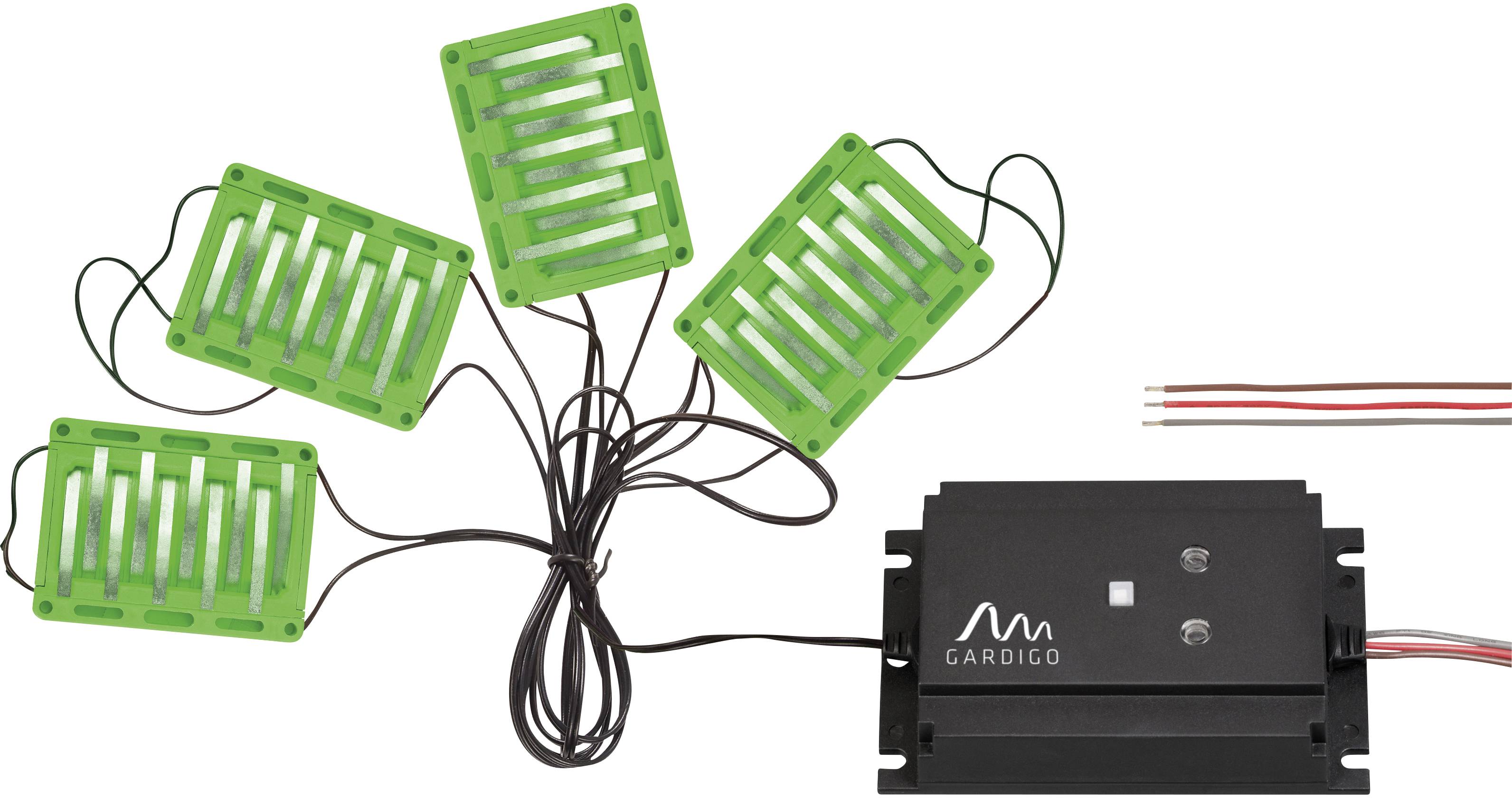 Ein elektronisches Gerät mit vier grünen Platten, verbunden durch Kabel mit einer schwarzen Steuereinheit, beschriftet mit 'Gardigo'.