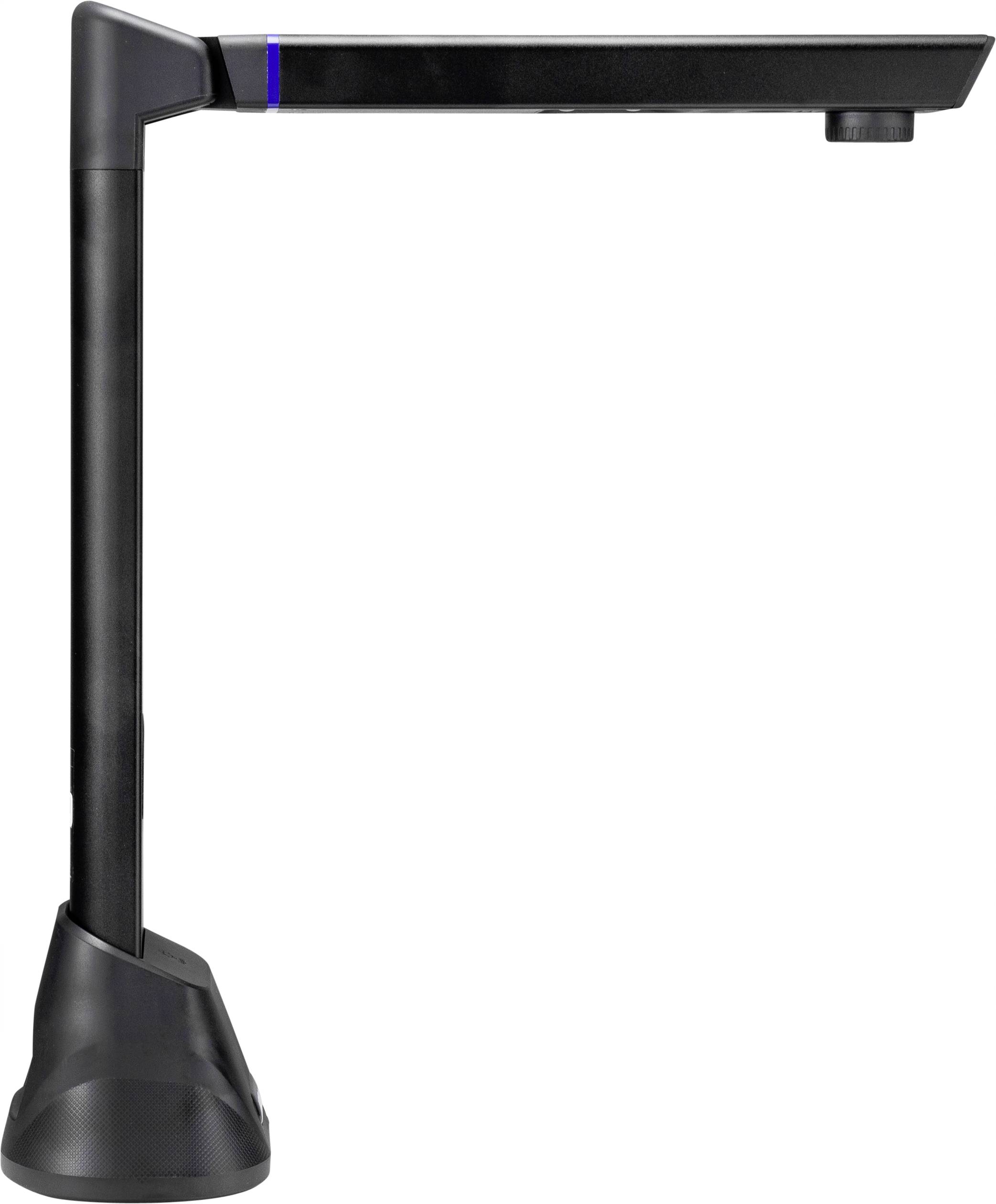 Kompakte, schwarz-matte Dokumentenkamera mit flexiblem Arm und integrierter LED-Leiste, geeignet für Präsentationen oder Schulungen.