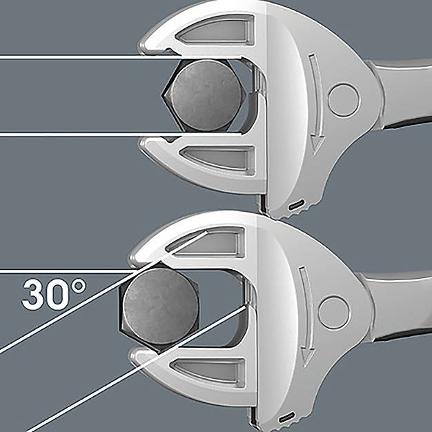 Zwei Schraubenschlüssel umfassen eine Mutter in einem 30-Grad-Winkel und demonstrieren die richtige Verwendung für ein effektives Anziehen vor einem grauen Hintergrund.
