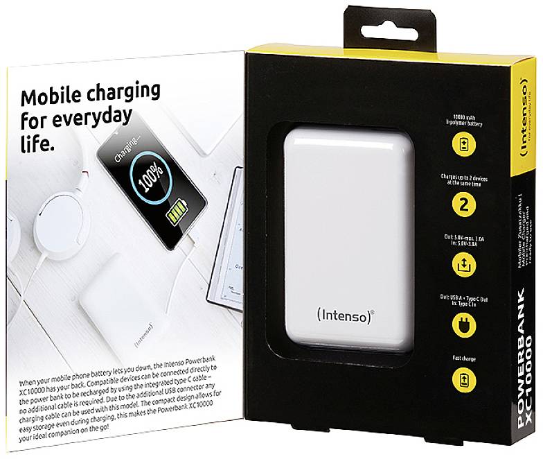 Verpackung eines Intenso Powerbanken mit 10.000 mAh, USB-Anschlüssen und Schnellladefunktion. Links Bild des Powerbanks im Einsatz.