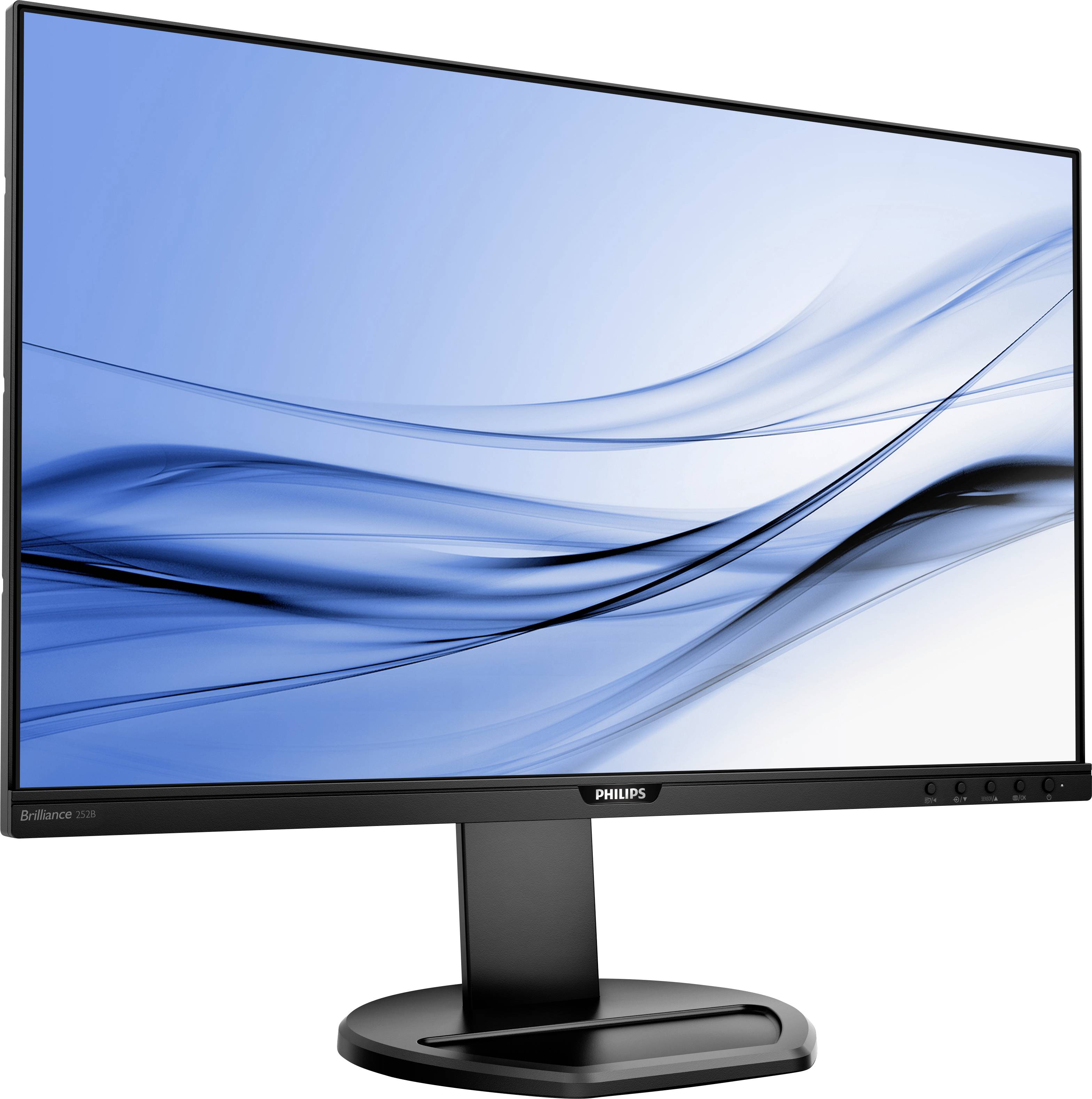 Flacher Bildschirmmonitor von Philips mit schwarzem Rahmen, auf einem Standfuß. Der Display zeigt blaue, wellenförmige Muster.